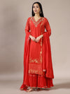 Red Striped Kurta & Tiered Gharara Set with Gold Sequin Work