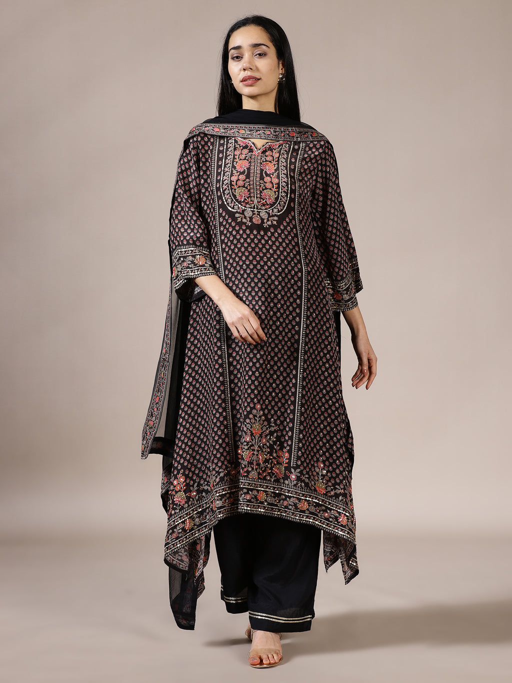 Black Embroidered Printed Suit Set