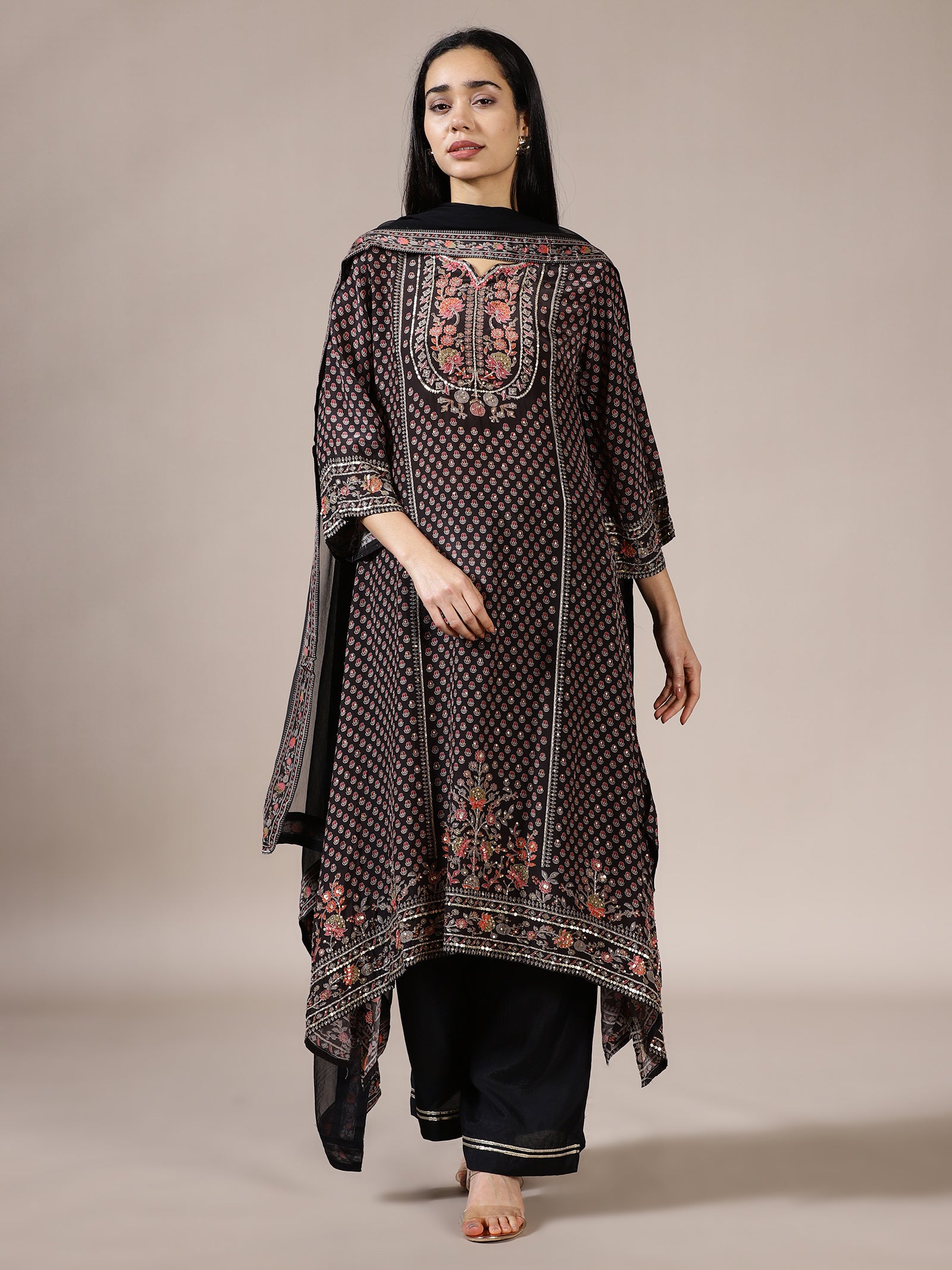 Black Embroidered Printed Suit Set