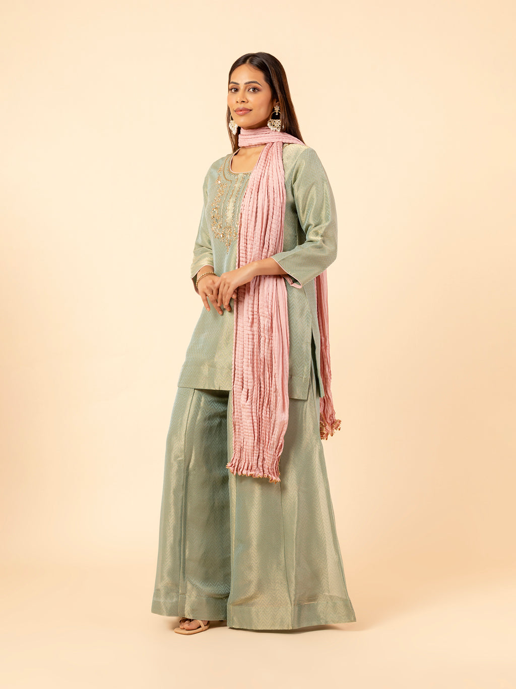 Sage Glimmer Silk Sharara Set