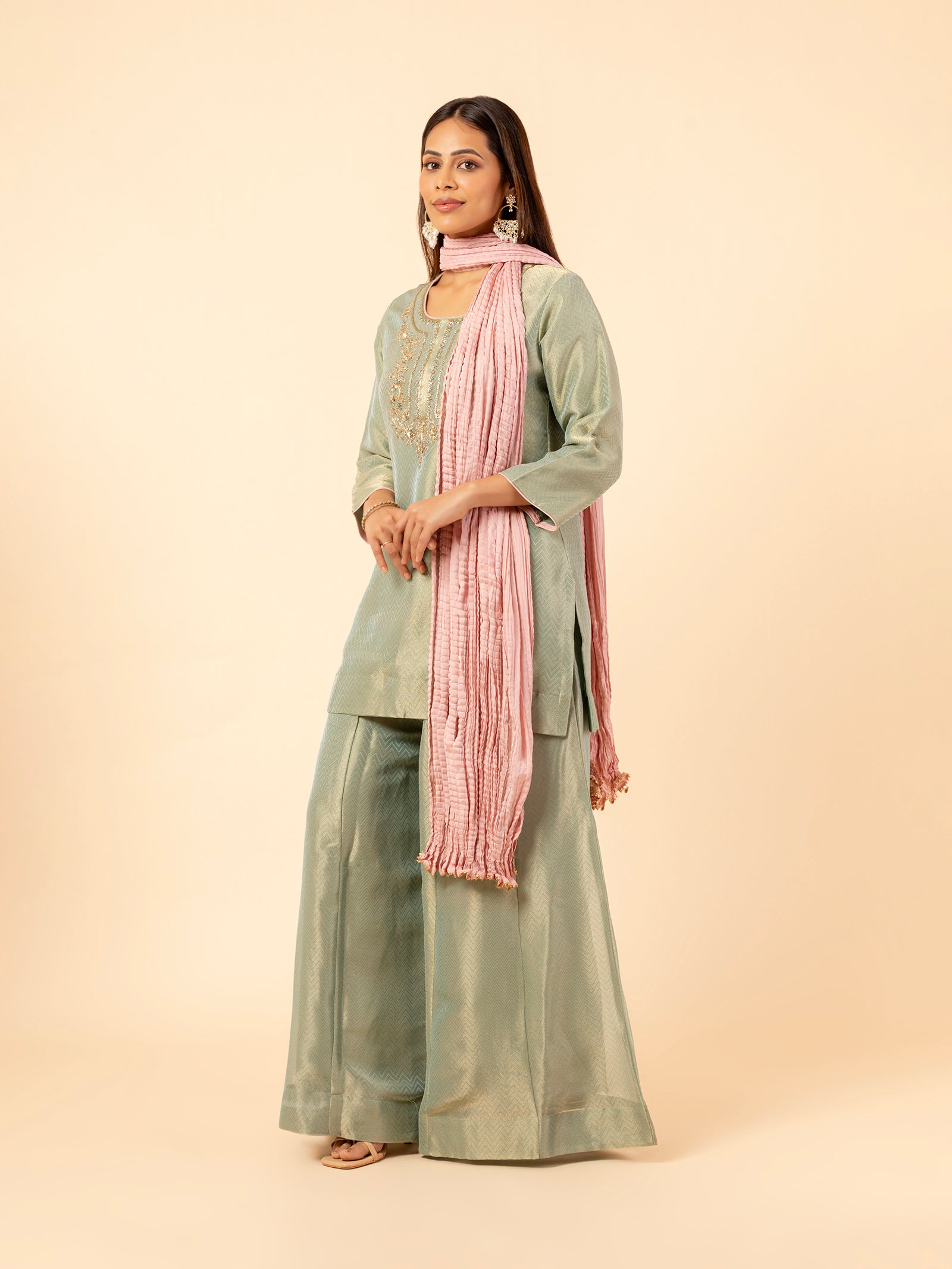 Sage Glimmer Silk Sharara Set