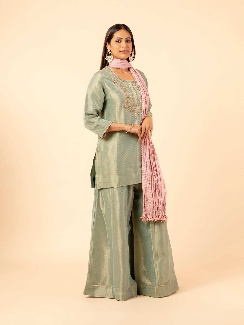Sage Glimmer Silk Sharara Set