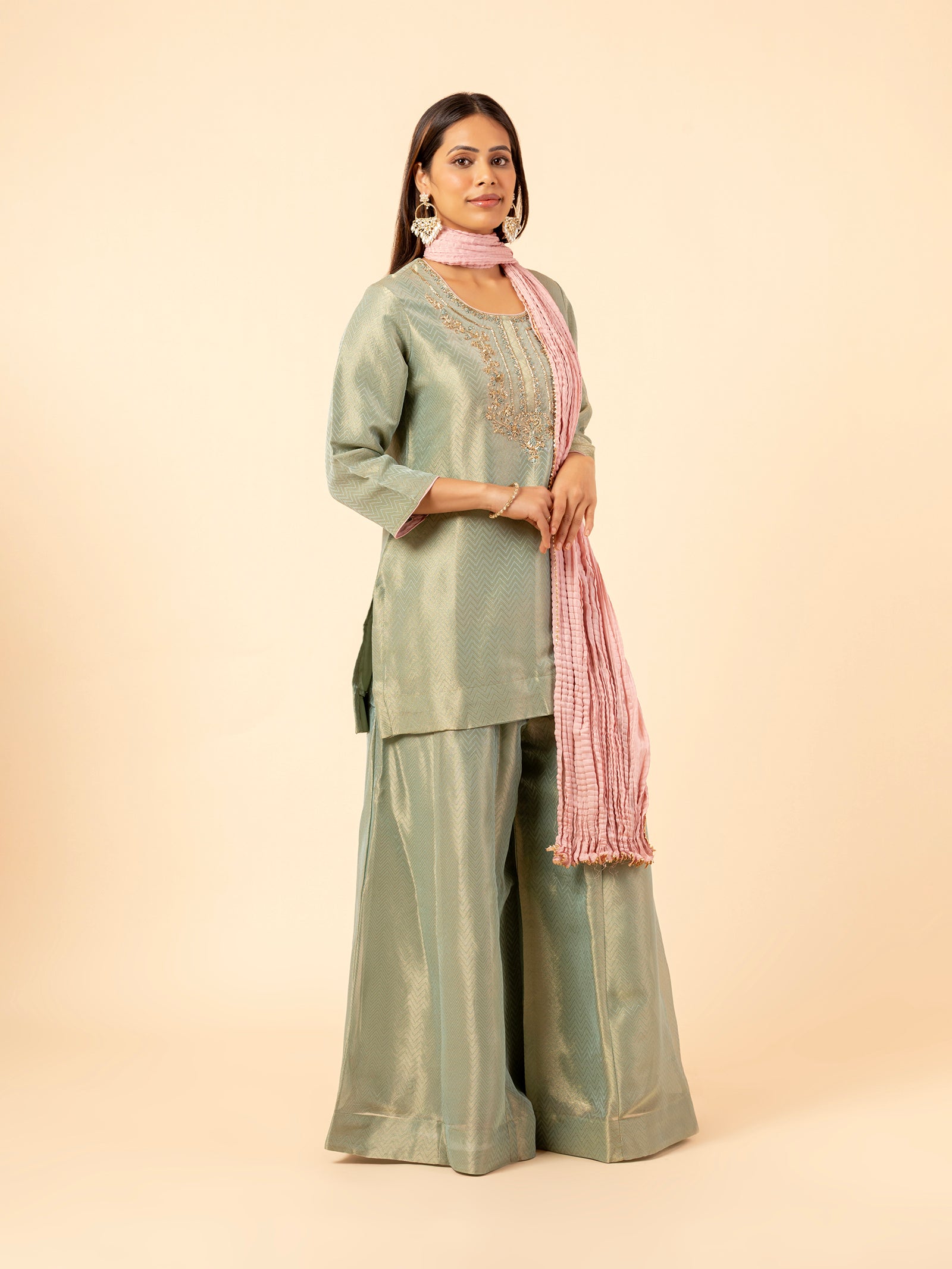 Sage Glimmer Silk Sharara Set