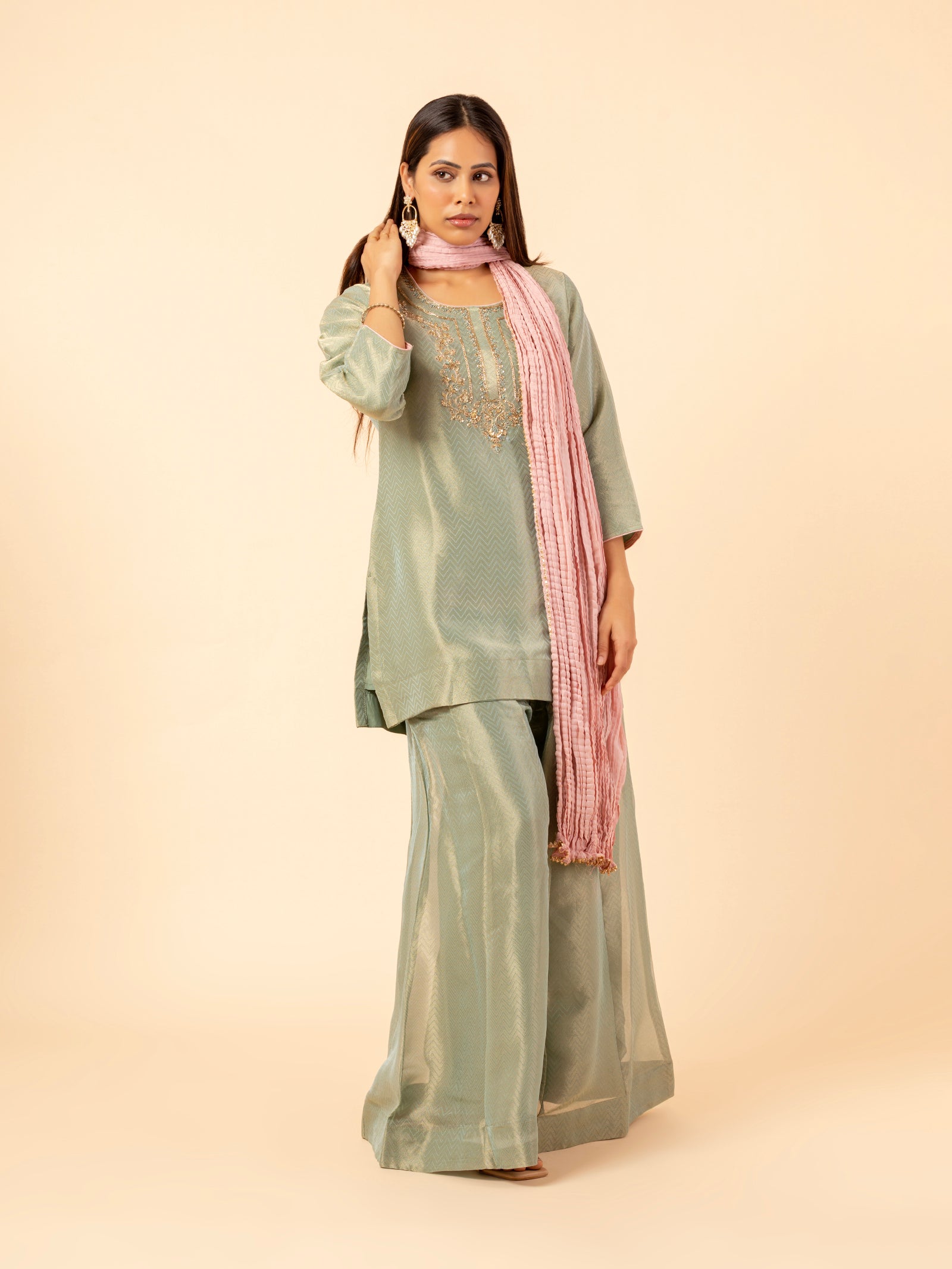 Sage Glimmer Silk Sharara Set