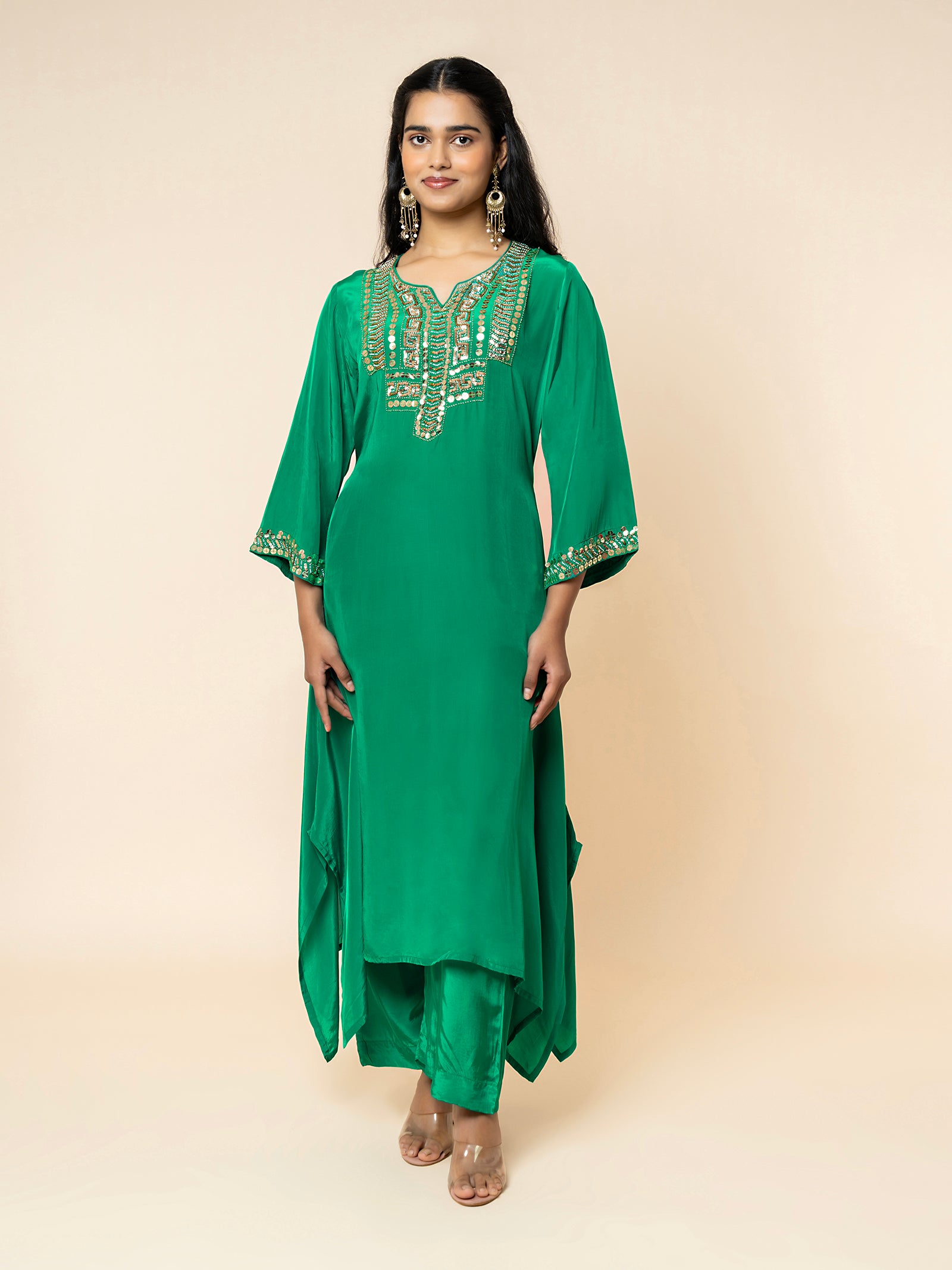 Emerald Green Silk Co-ord Set with Geometric Sequin Work