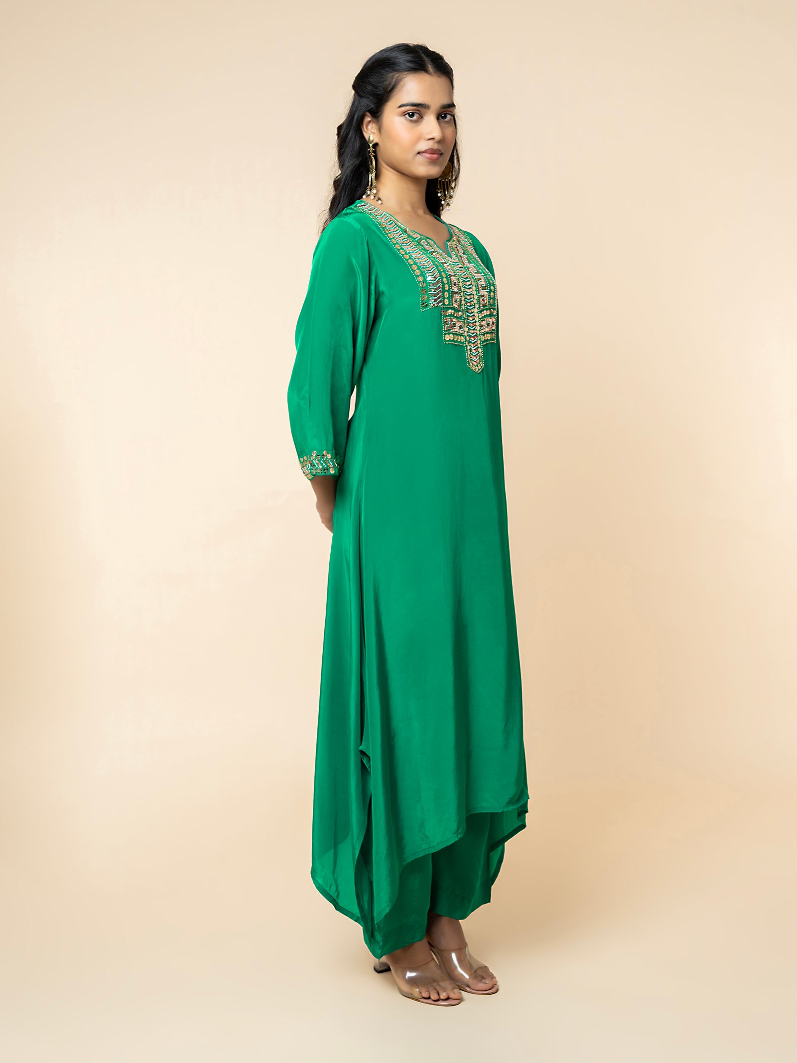 Emerald Green Silk Co-ord Set with Geometric Sequin Work