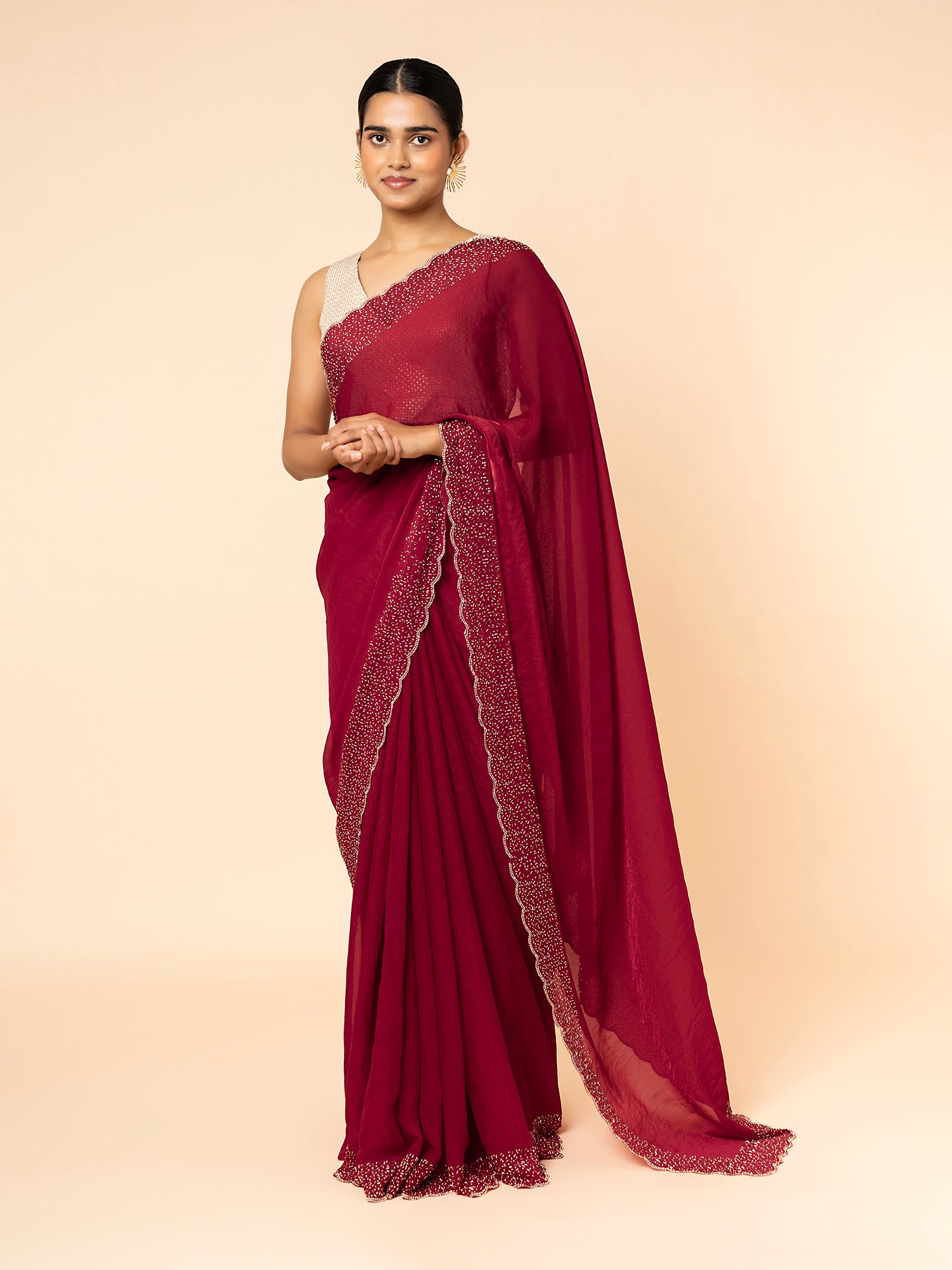 Crimson Noir Scalloped Saree
