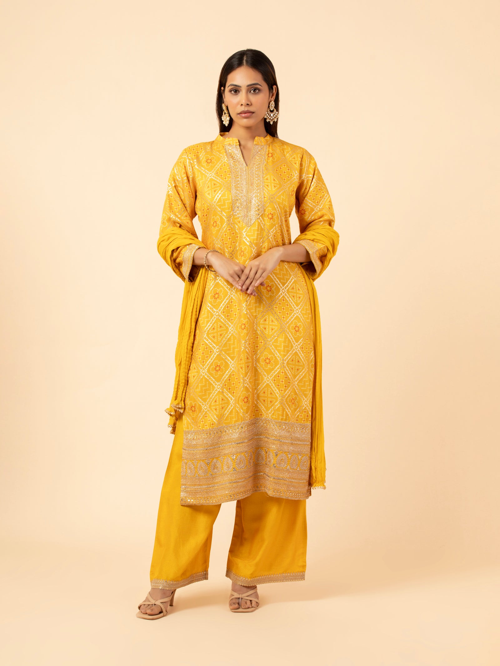 Saffron Bandhni Style Suit Set