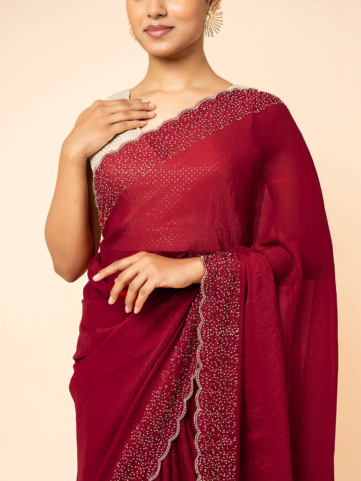 Crimson Noir Scalloped Saree