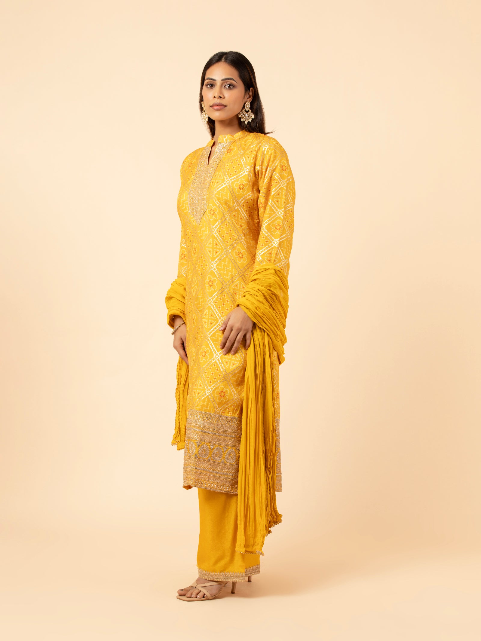 Saffron Bandhni Style Suit Set