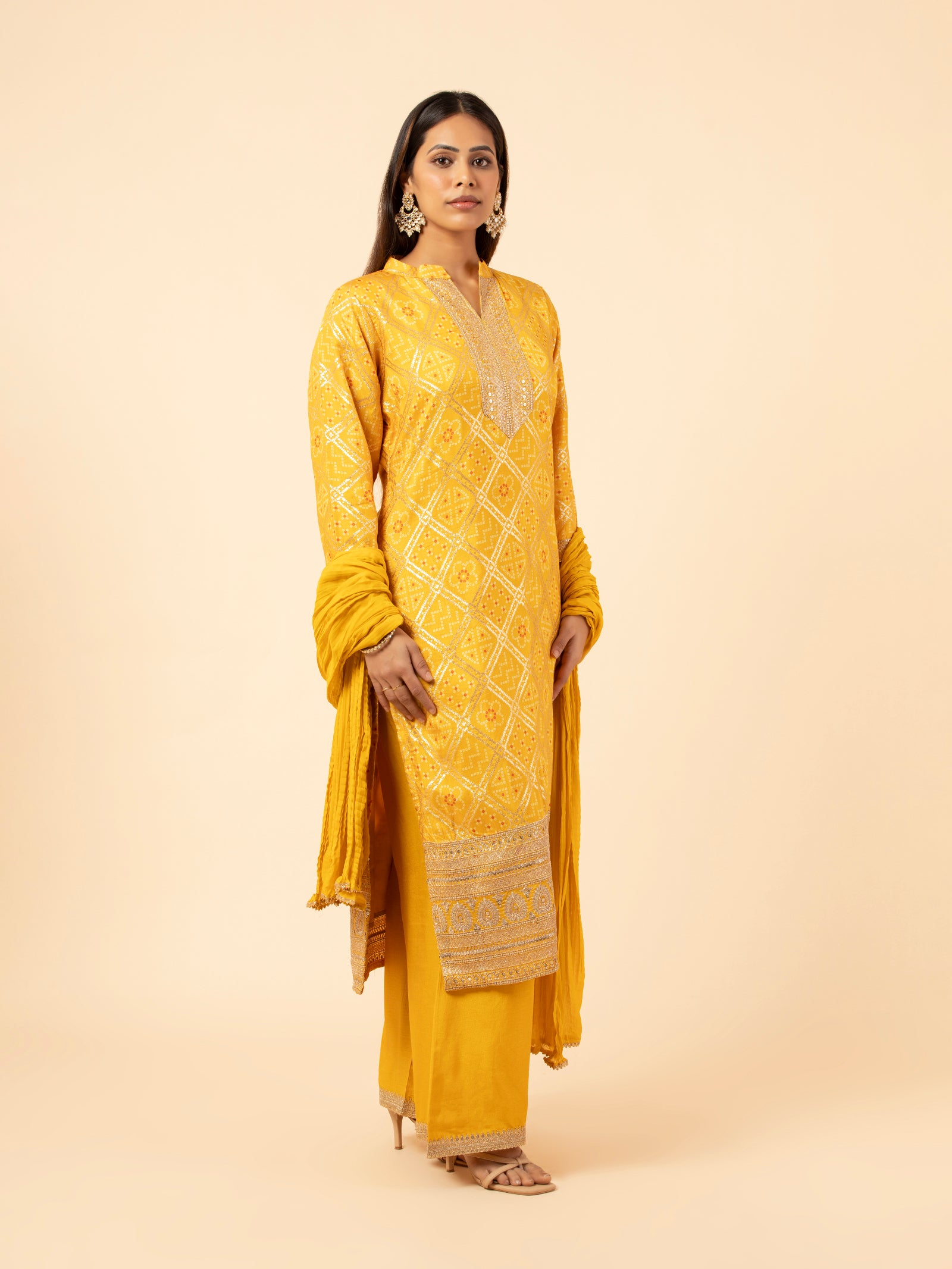 Saffron Bandhni Style Suit Set