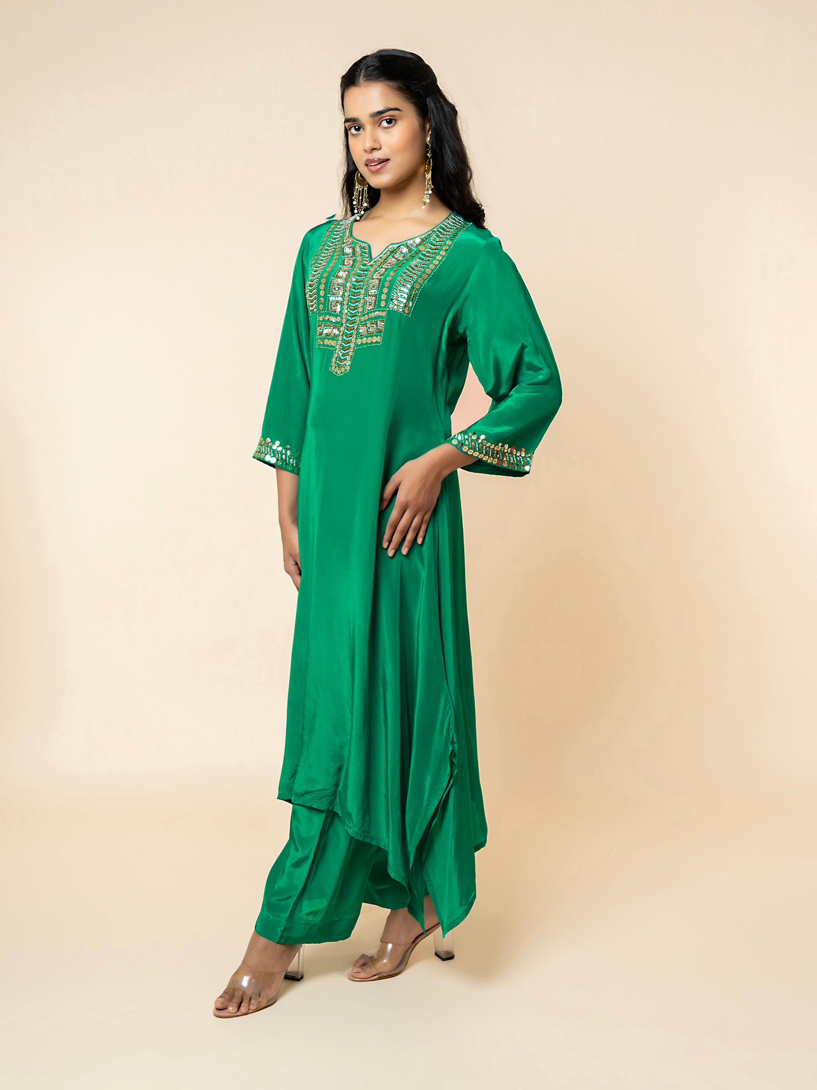 Emerald Green Silk Co-ord Set with Geometric Sequin Work