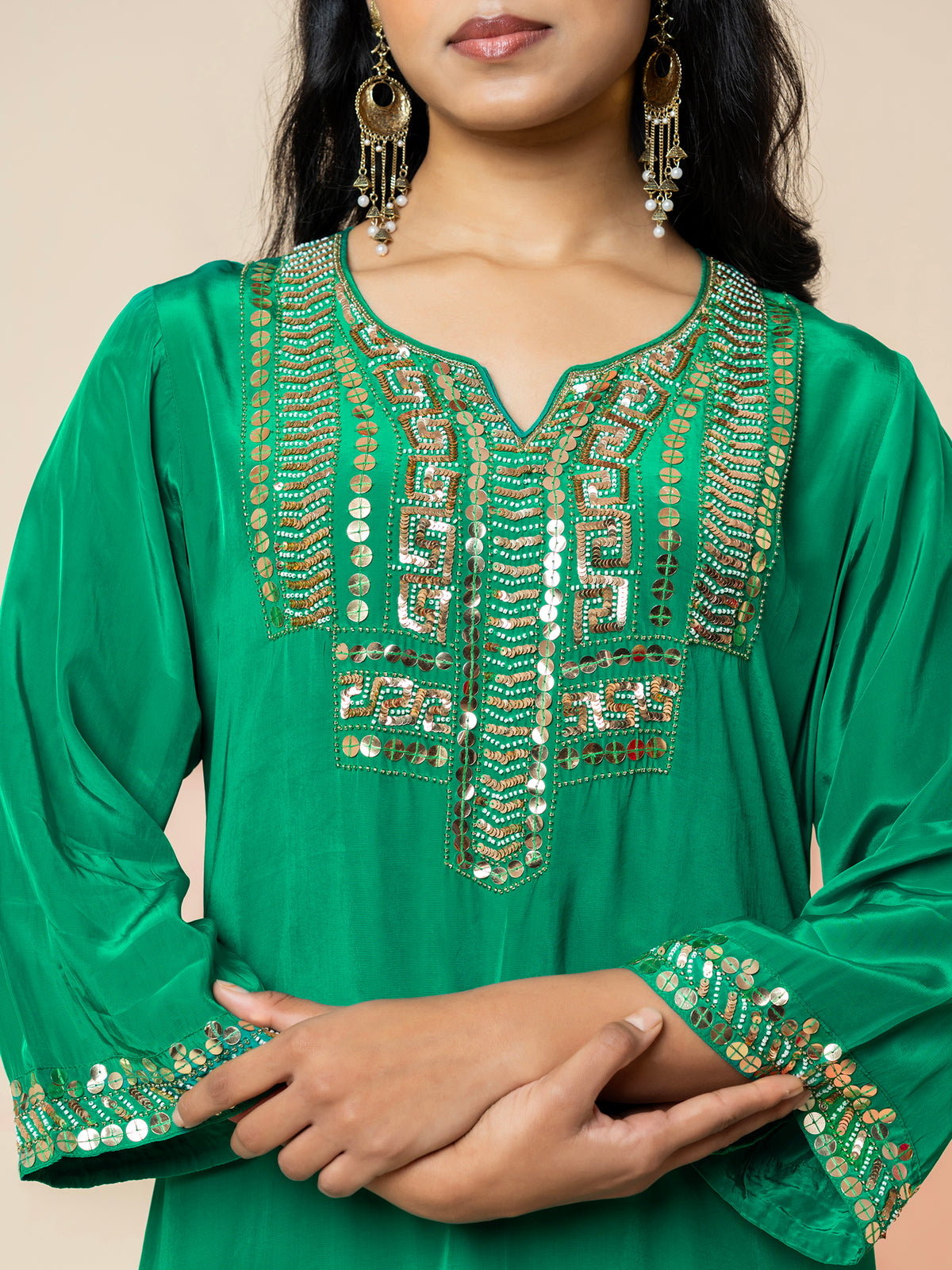 Emerald Green Silk Co-ord Set with Geometric Sequin Work