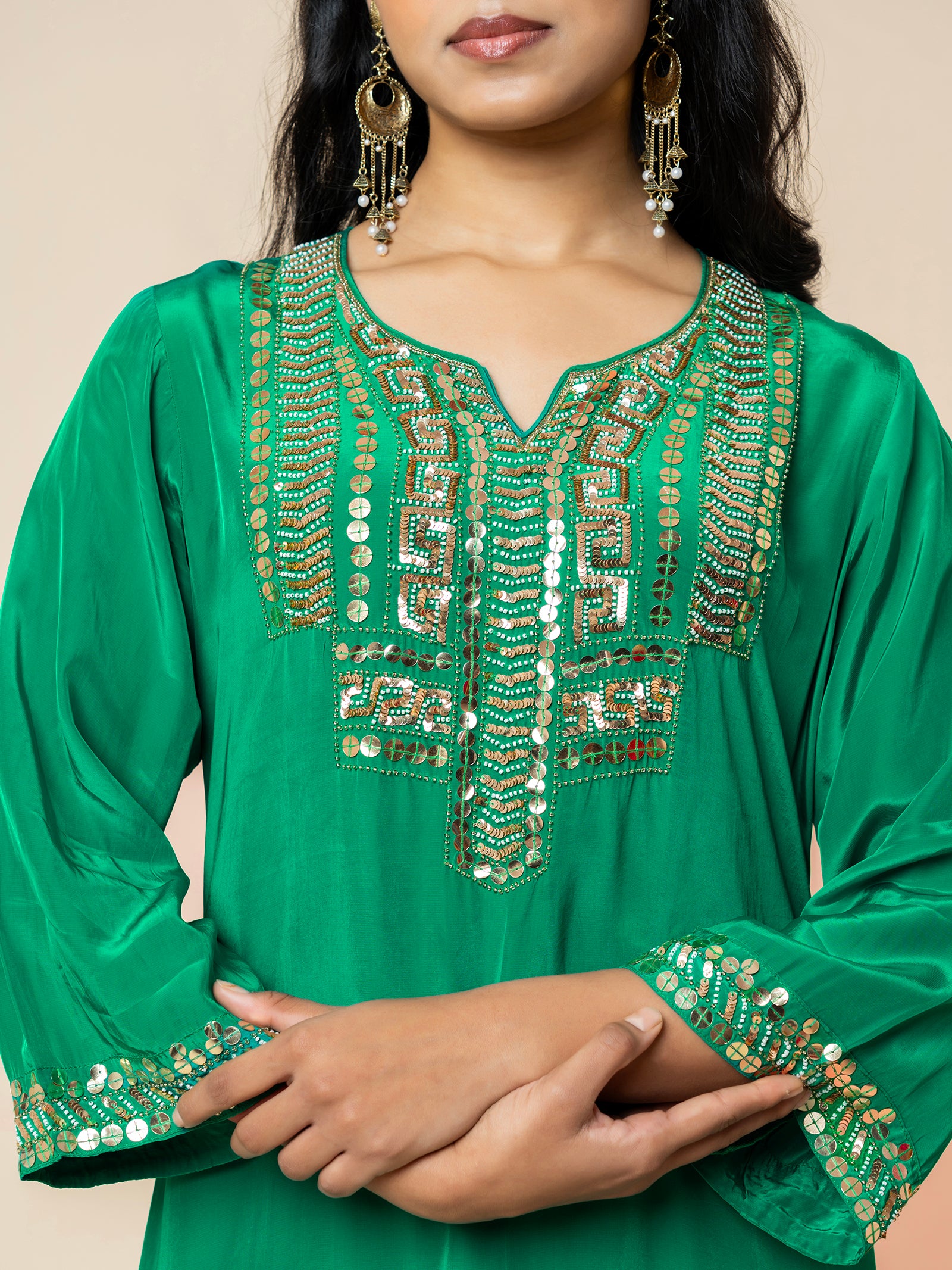 Emerald Green Silk Co-ord Set with Geometric Sequin Work