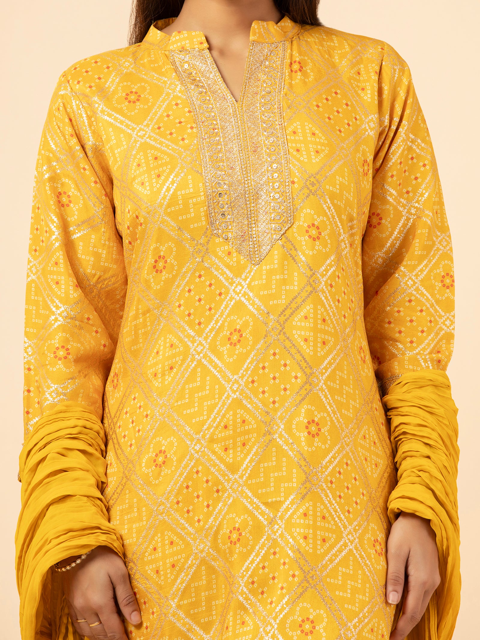 Saffron Bandhni Style Suit Set