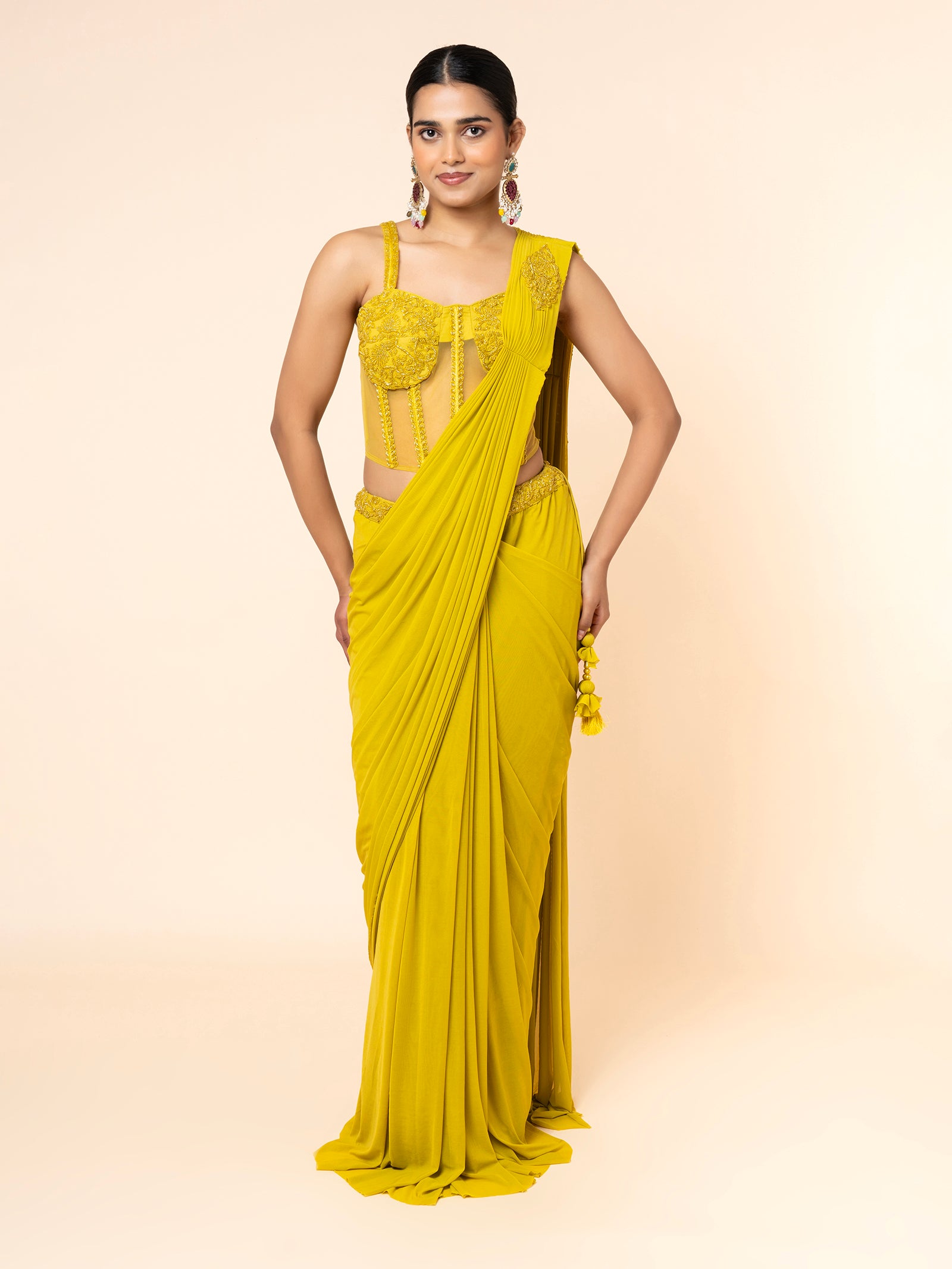 Yellow Pre-draped Saree with Embellished Corset-Style Blouse