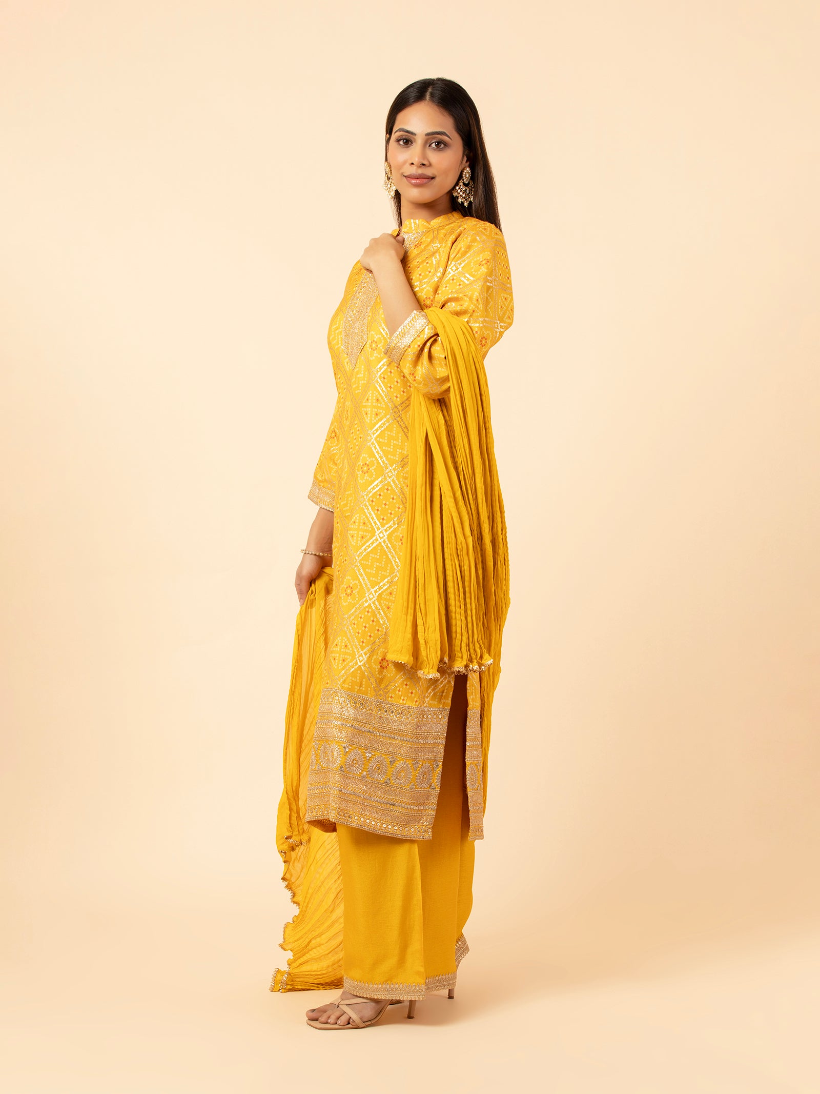 Saffron Bandhni Style Suit Set