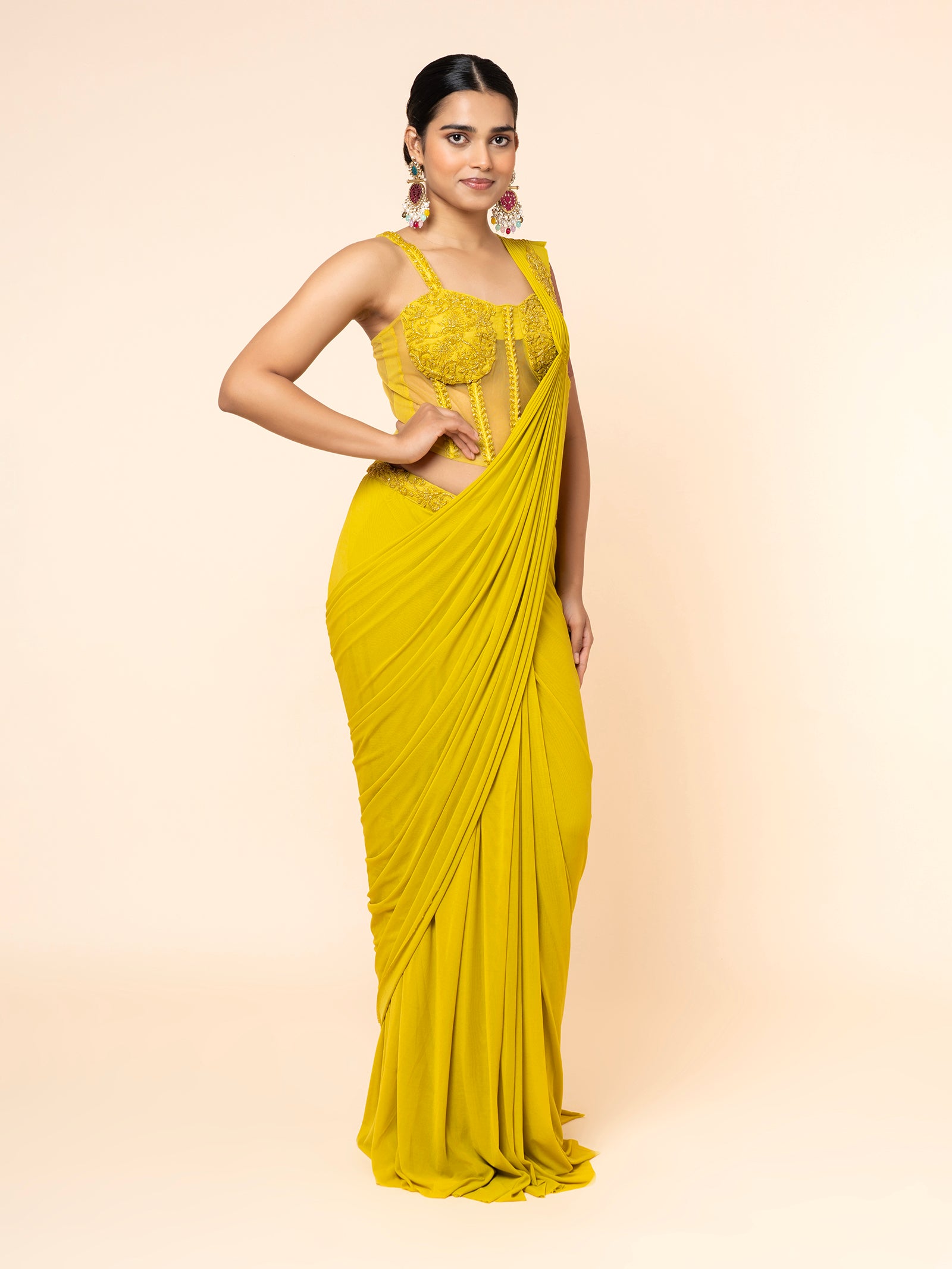 Yellow Pre-draped Saree with Embellished Corset-Style Blouse