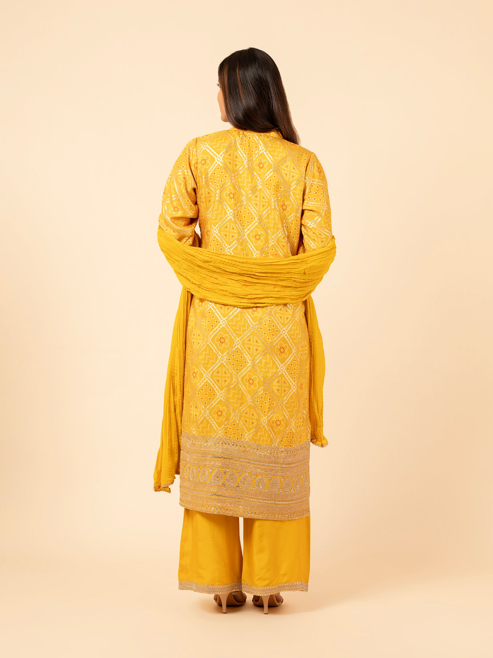 Saffron Bandhni Style Suit Set