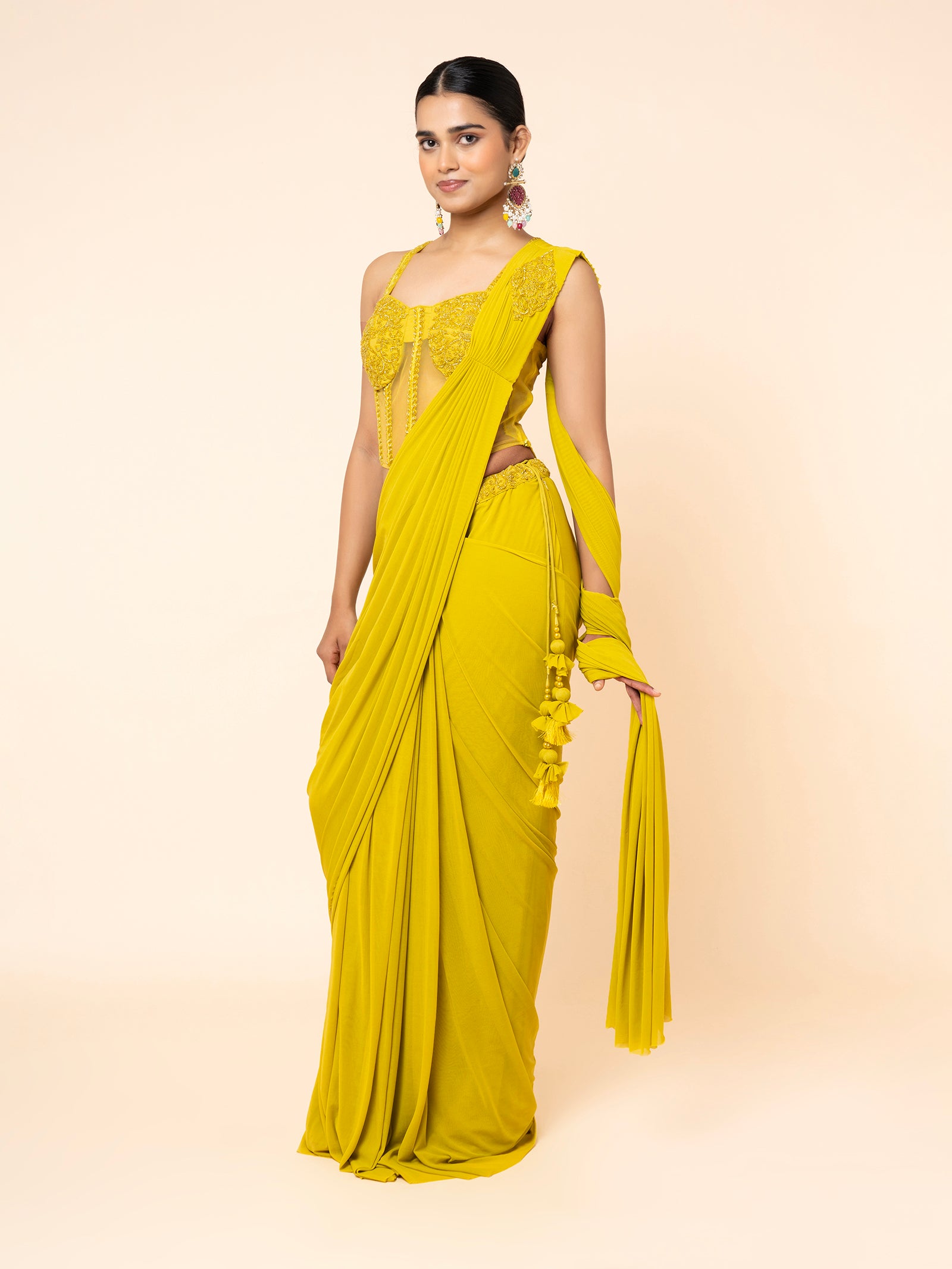 Yellow Pre-draped Saree with Embellished Corset-Style Blouse