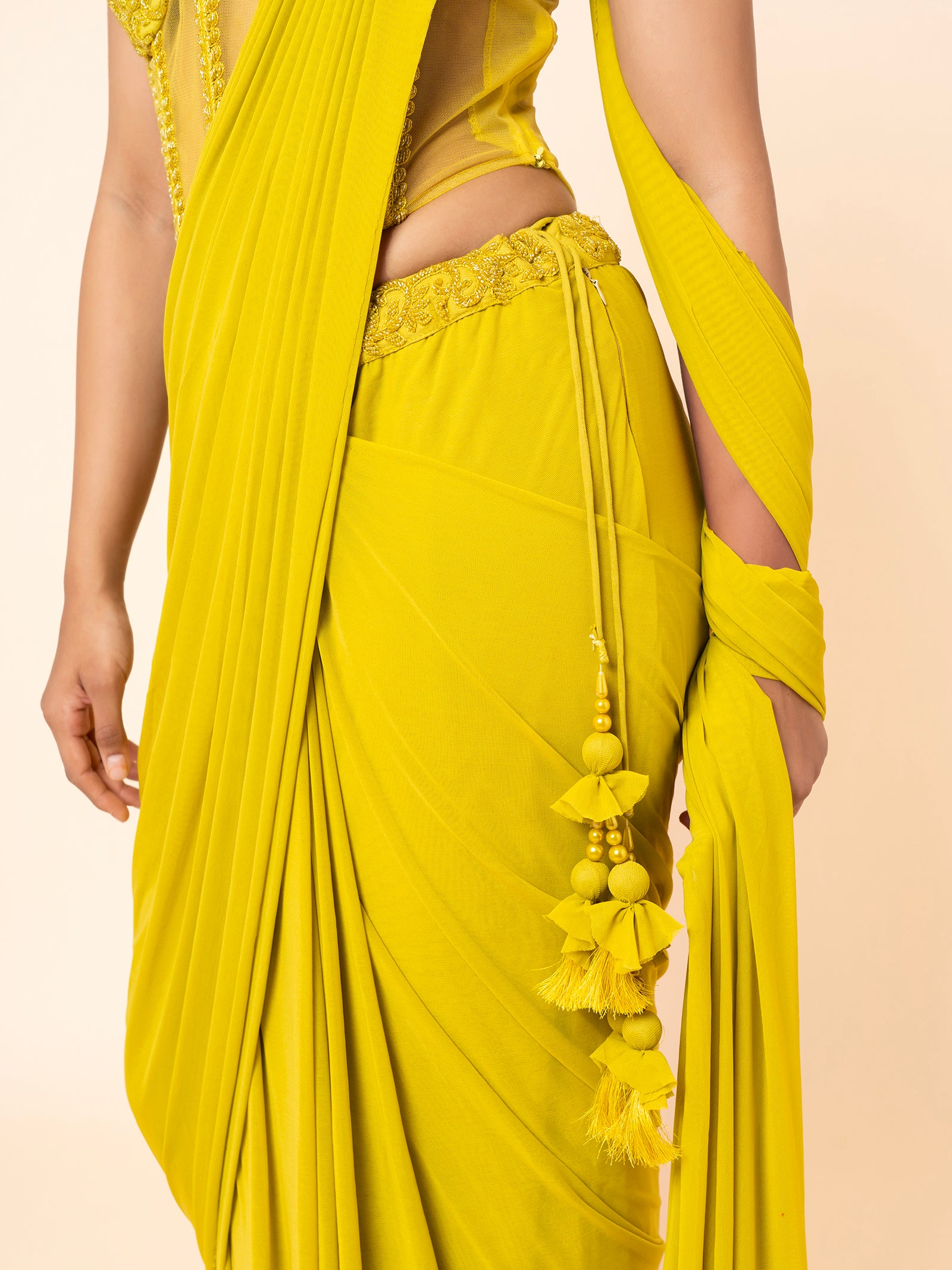 Yellow Pre-draped Saree with Embellished Corset-Style Blouse