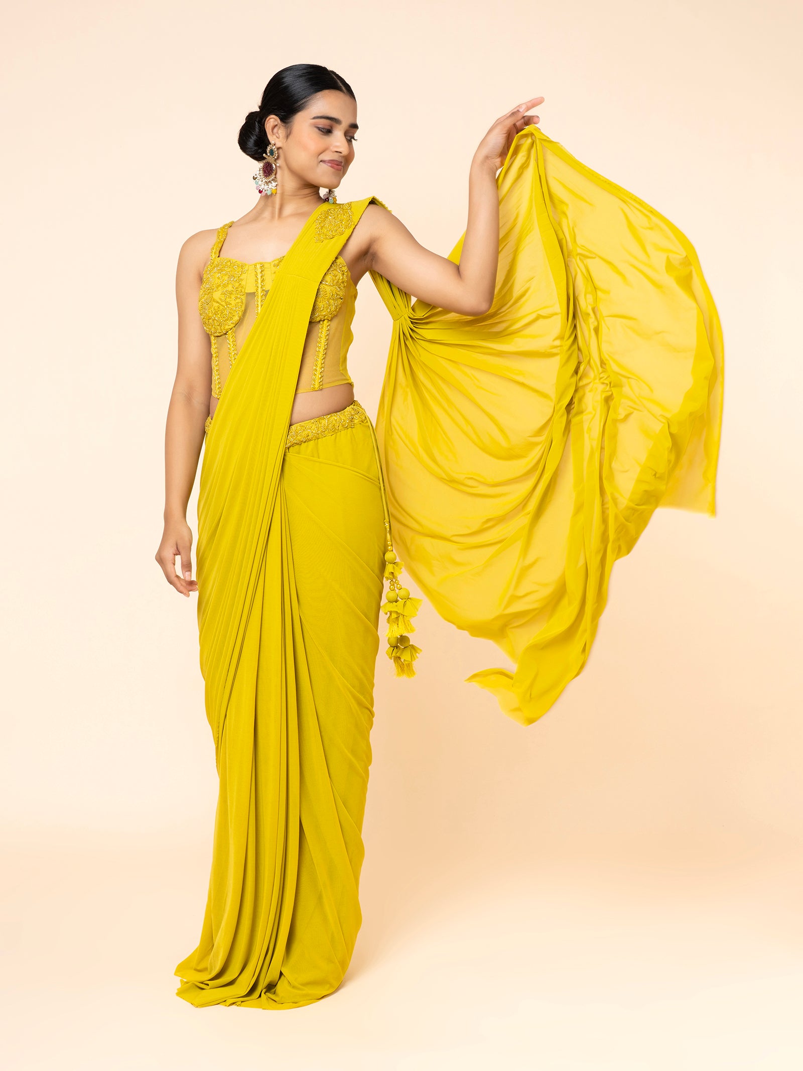 Yellow Pre-draped Saree with Embellished Corset-Style Blouse