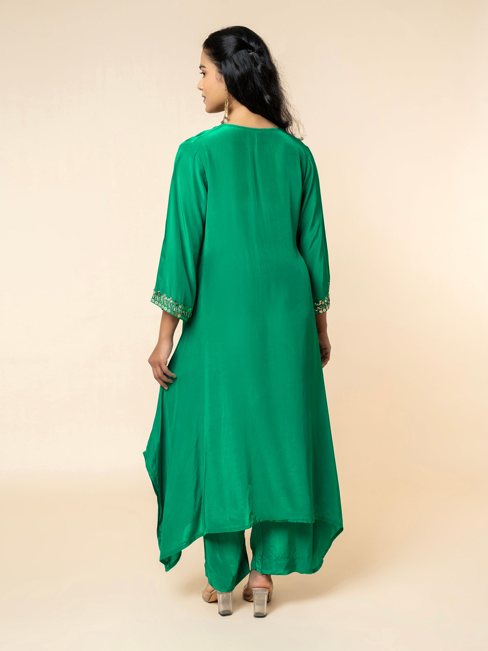 Emerald Green Silk Co-ord Set with Geometric Sequin Work