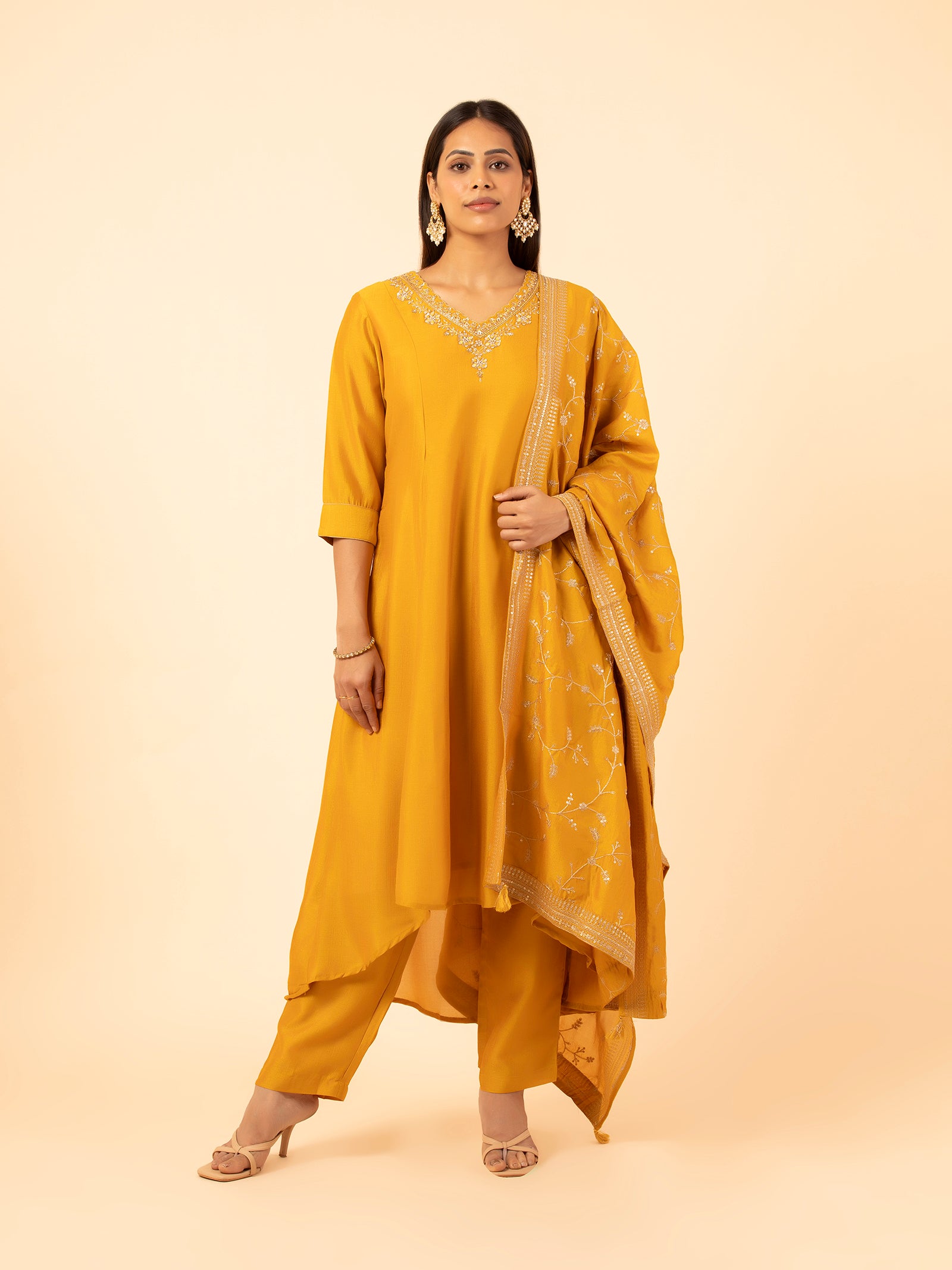 Saffron Embroidered Silk Set