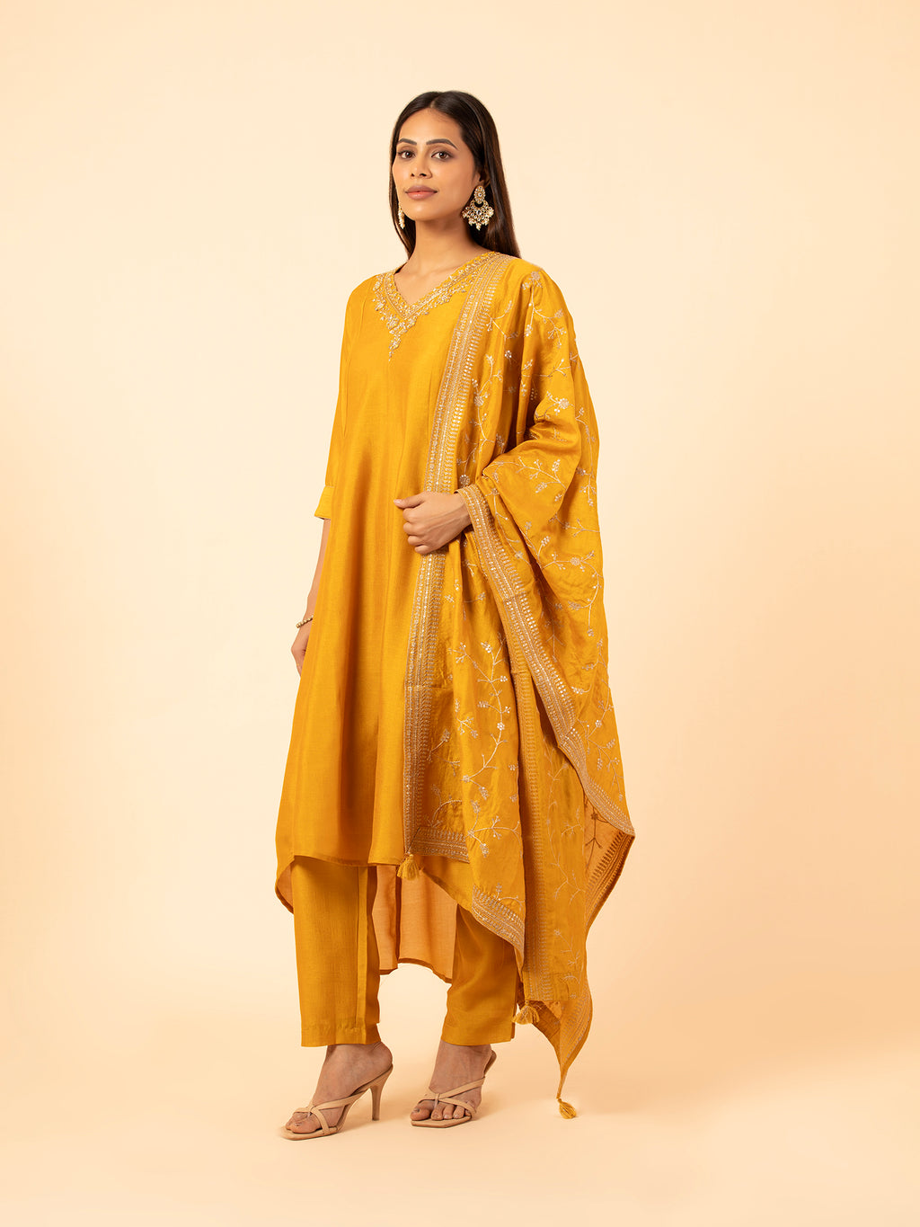 Saffron Embroidered Silk Set
