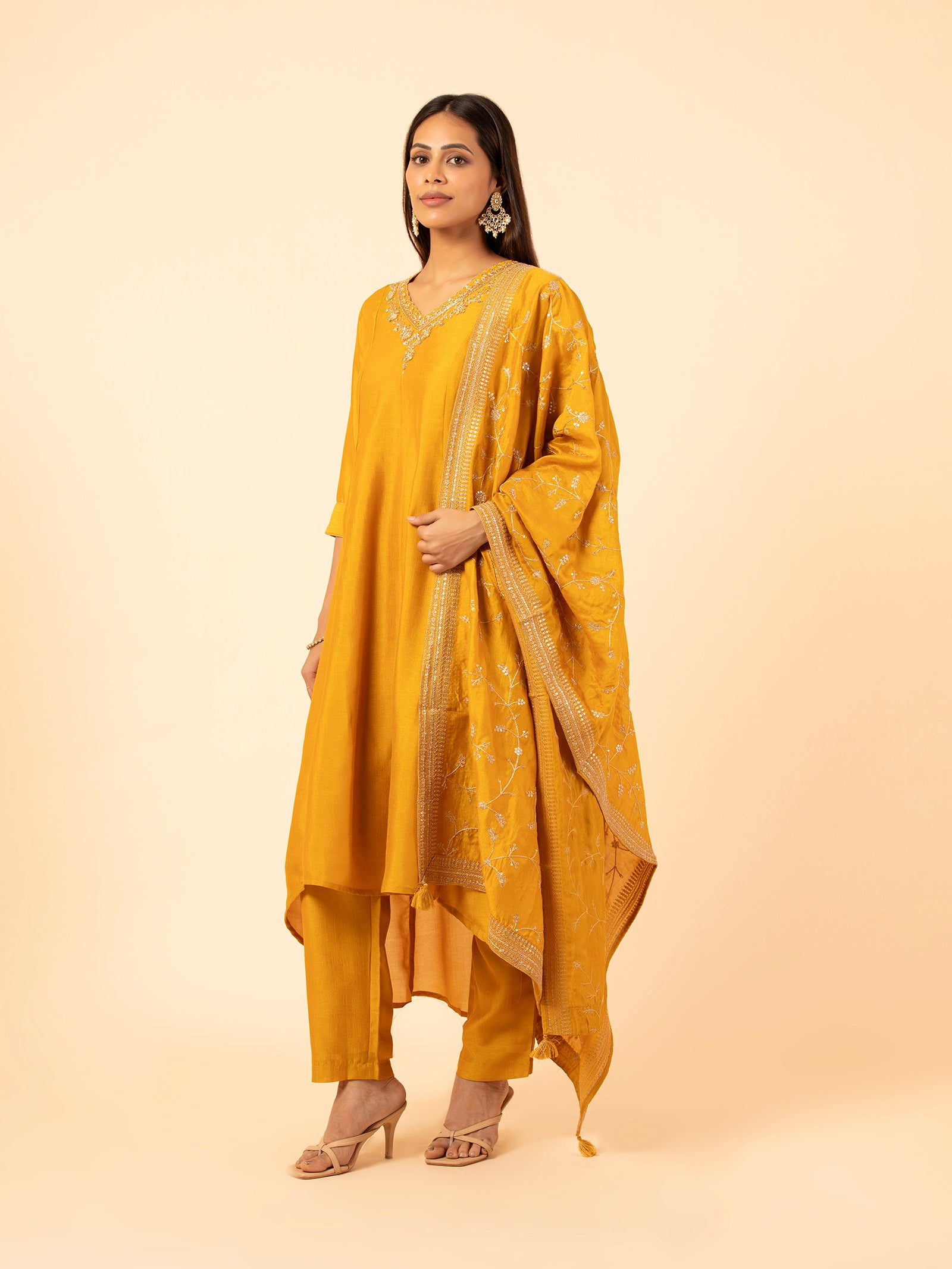 Saffron Embroidered Silk Set