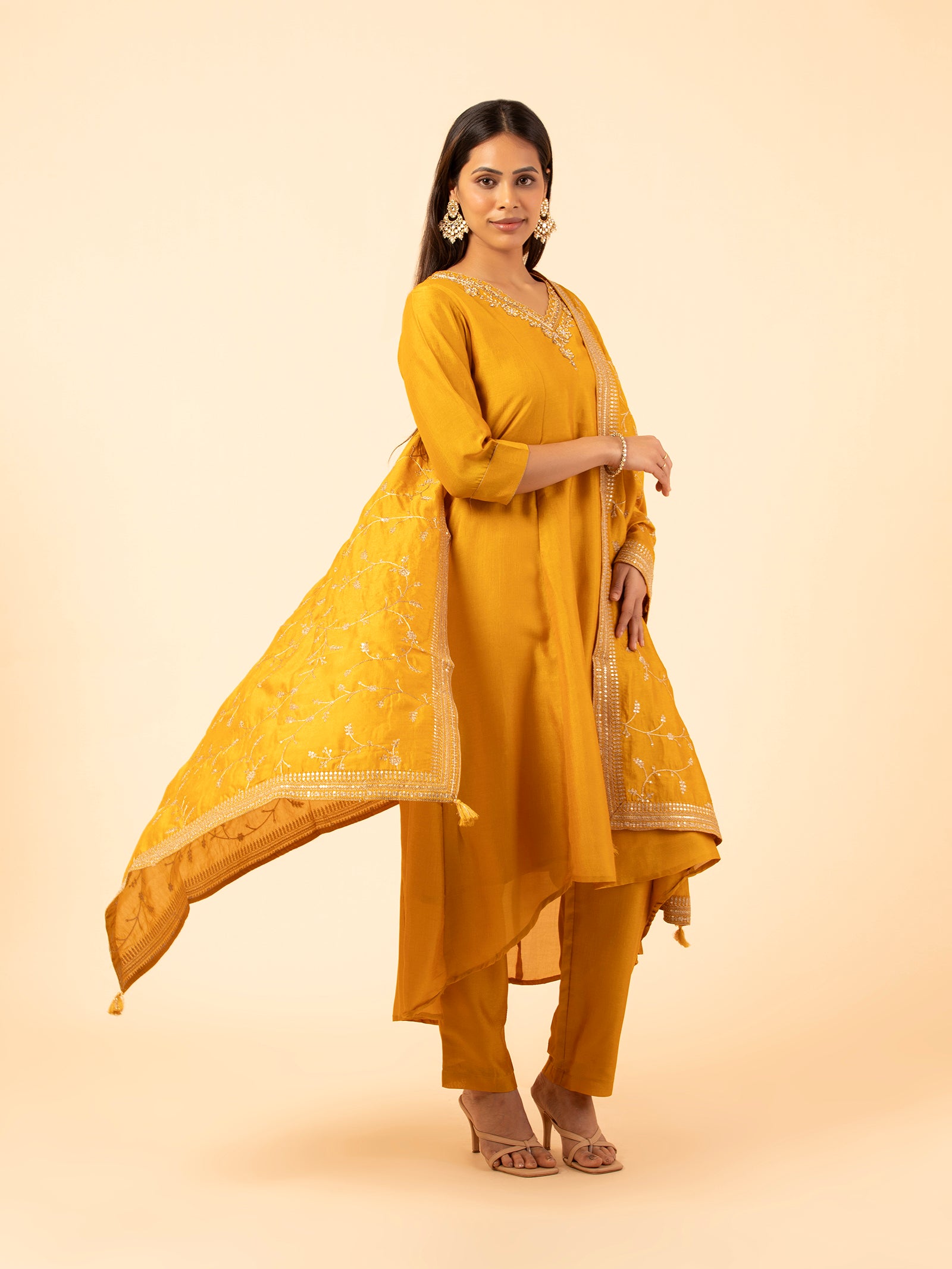 Saffron Embroidered Silk Set