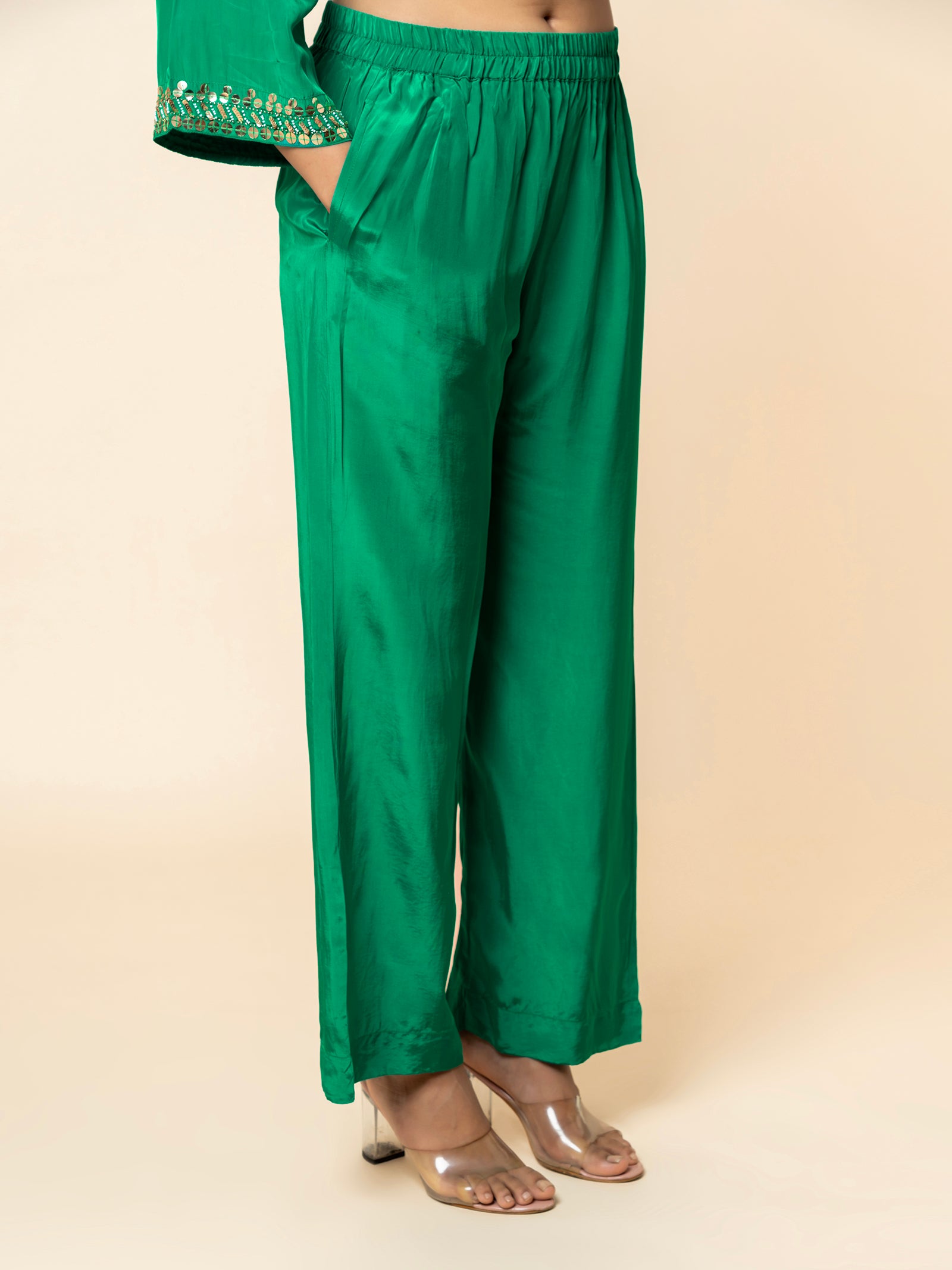Emerald Green Silk Co-ord Set with Geometric Sequin Work