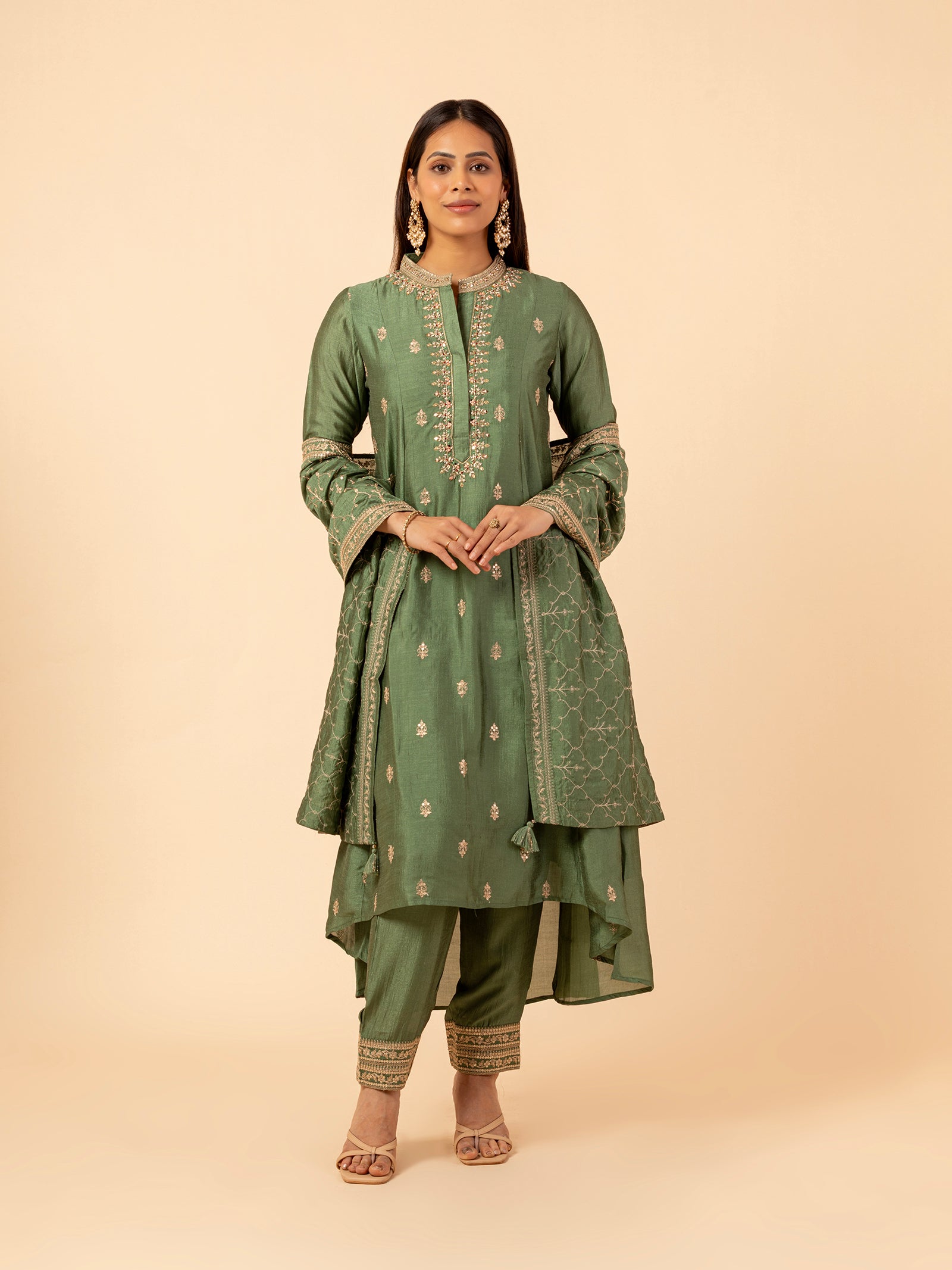 Emerald Lattice Embroidered Silk Set