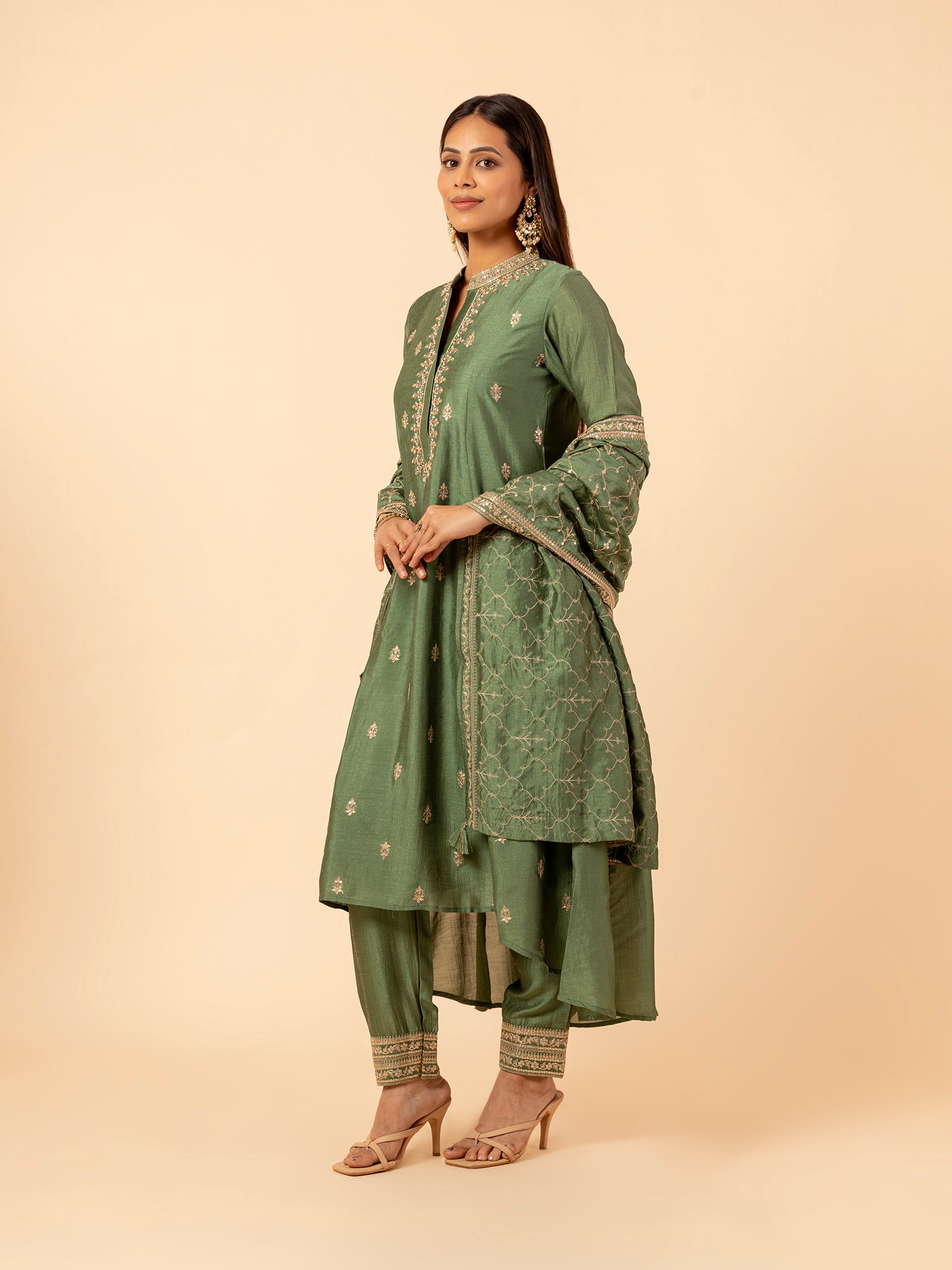 Emerald Lattice Embroidered Silk Set