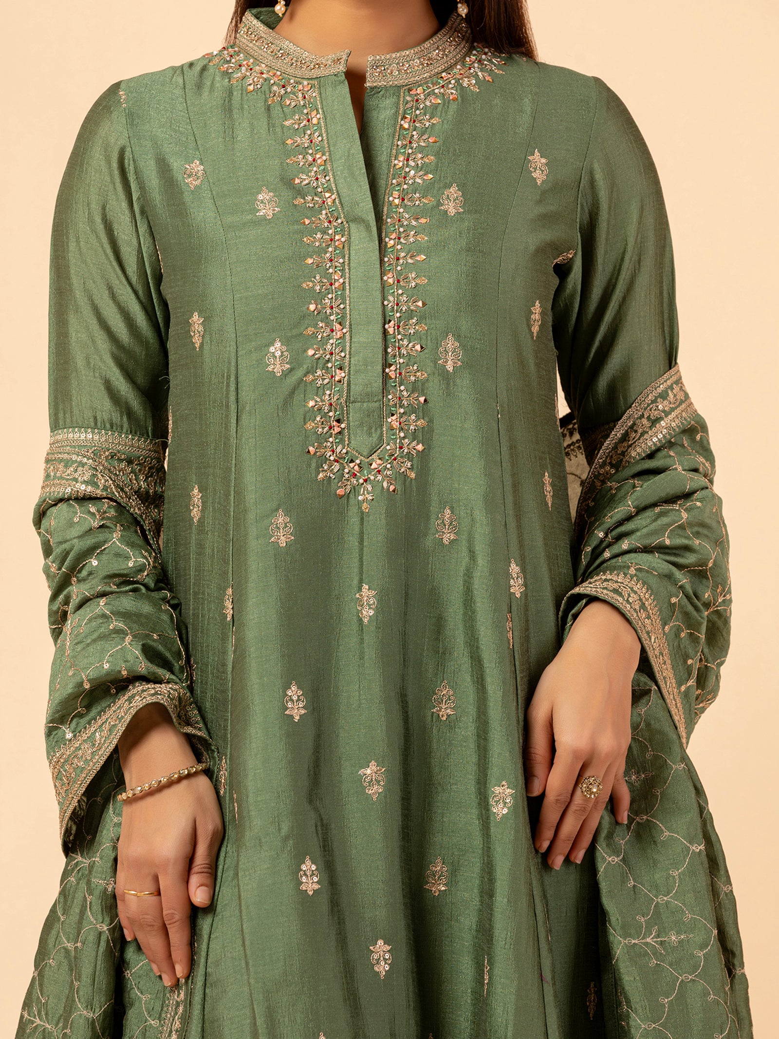 Emerald Lattice Embroidered Silk Set