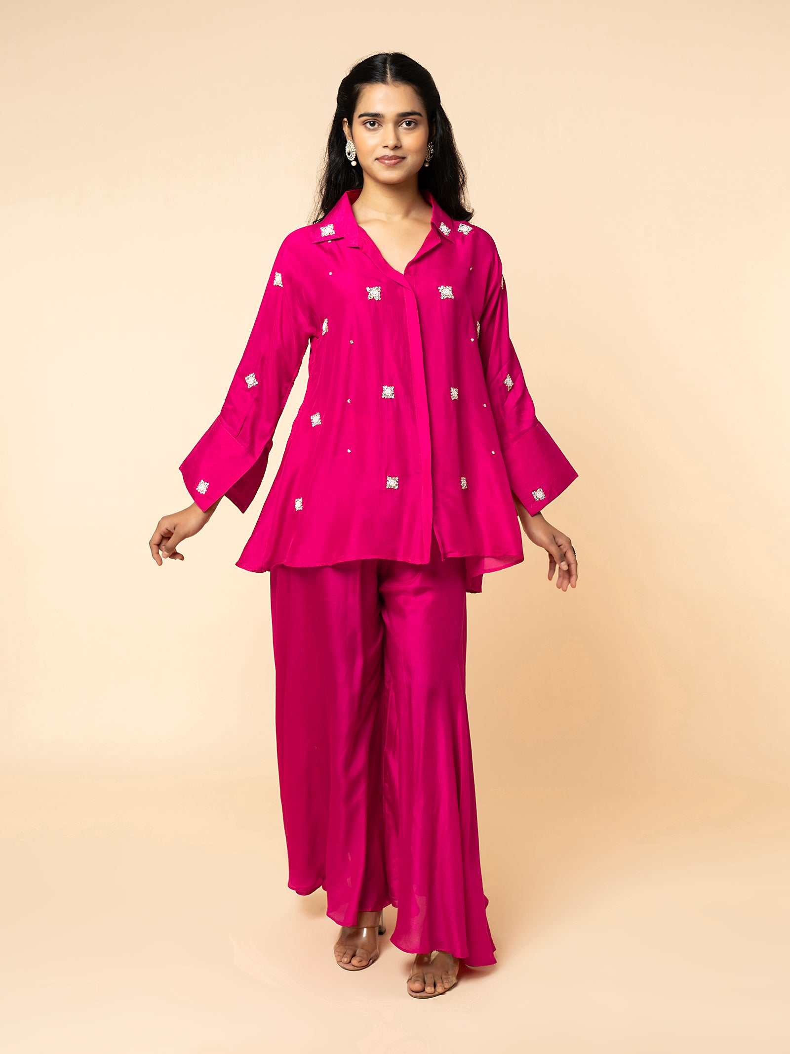 Magenta Silk Co-ord Set with Embellished Collar & Flared Silhouette