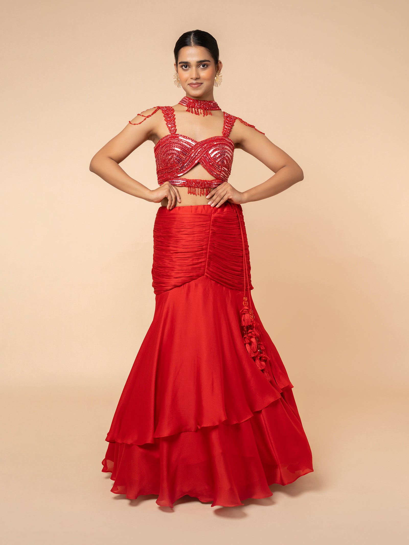Red Tiered Lehenga with Embellished Cut-out Blouse