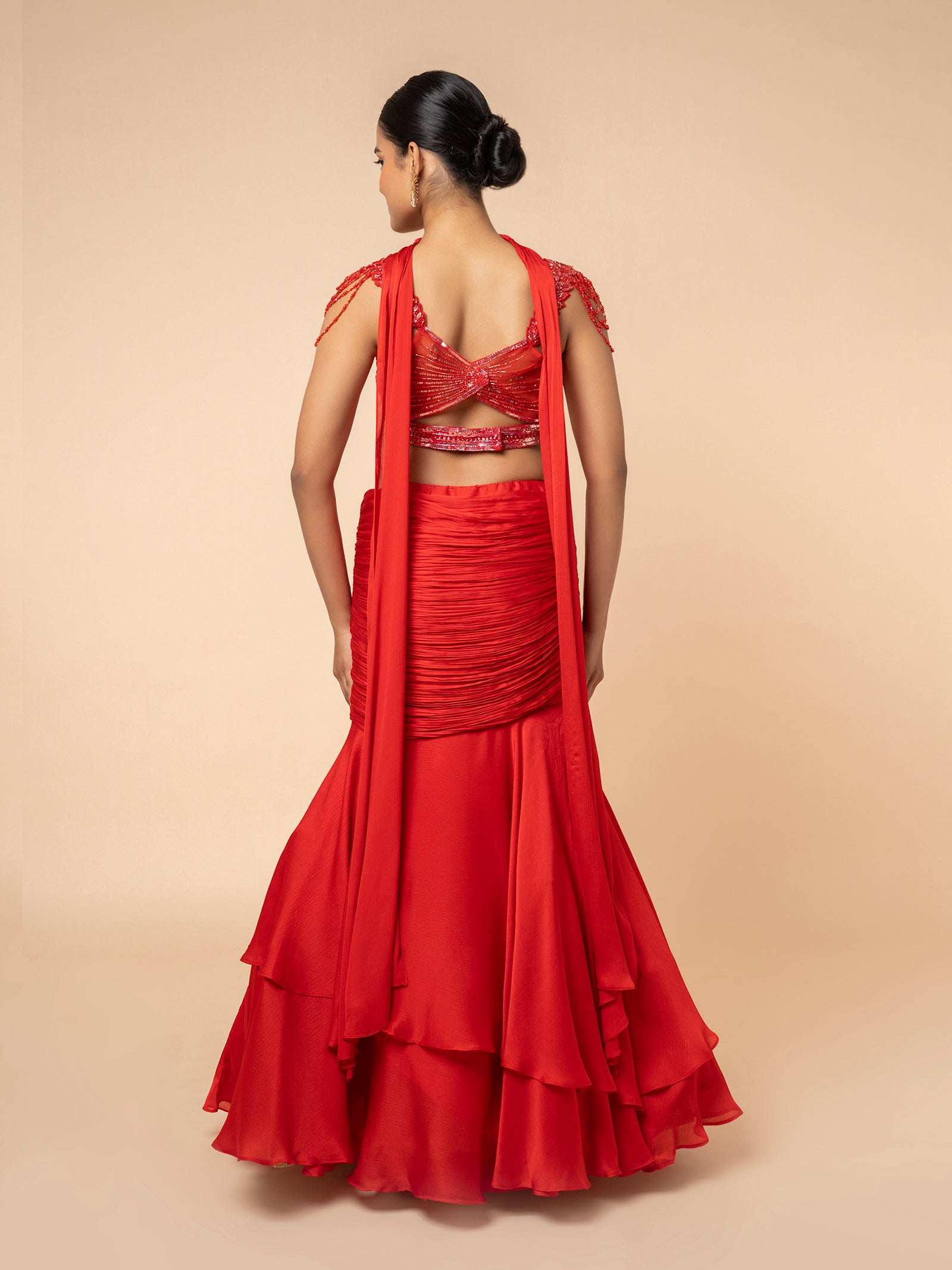 Red Tiered Lehenga with Embellished Cut-out Blouse