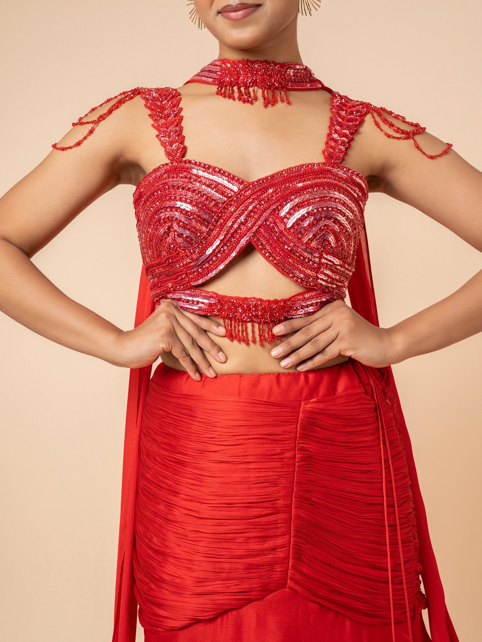 Red Tiered Lehenga with Embellished Cut-out Blouse