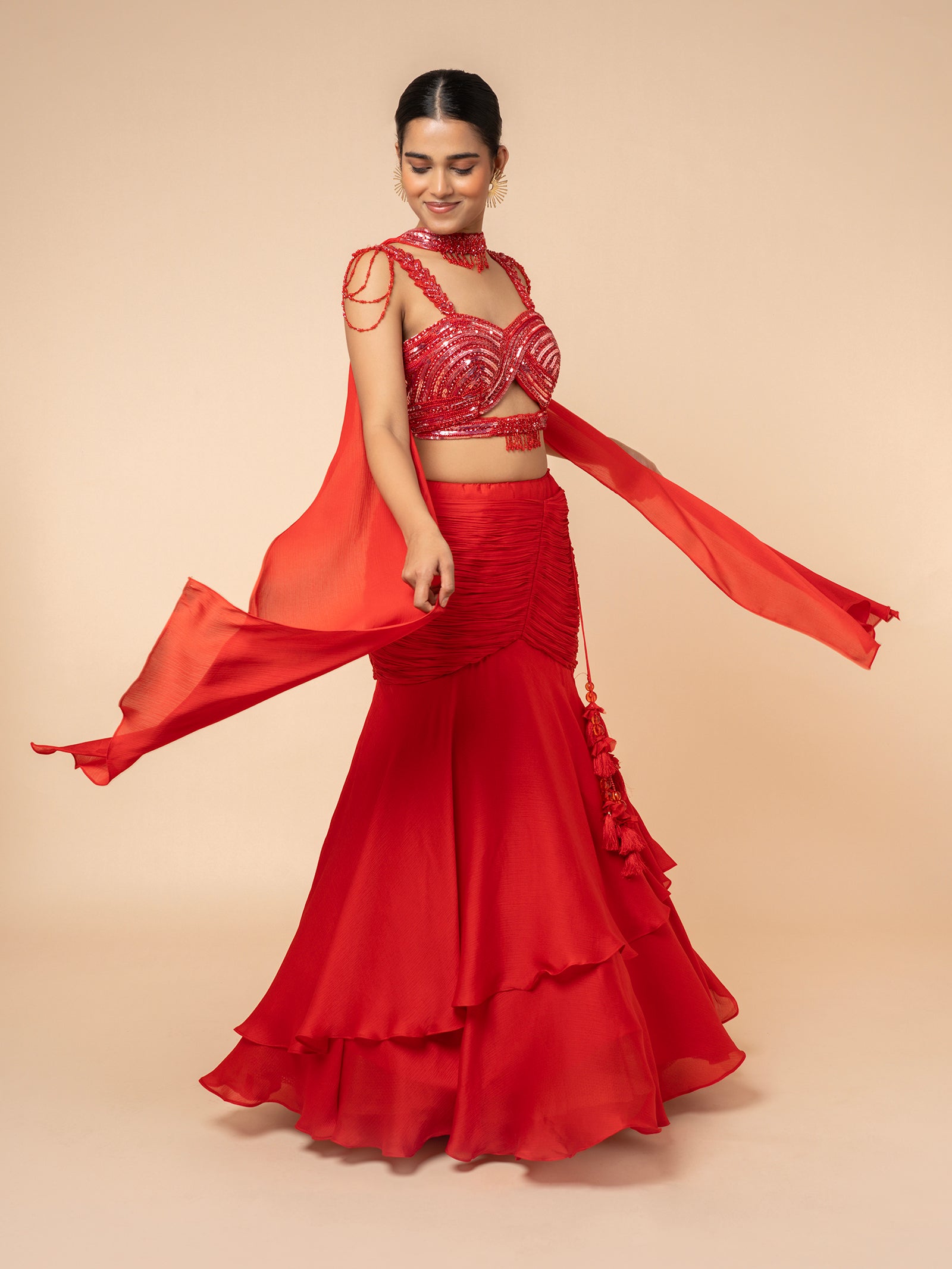 Red Tiered Lehenga with Embellished Cut-out Blouse