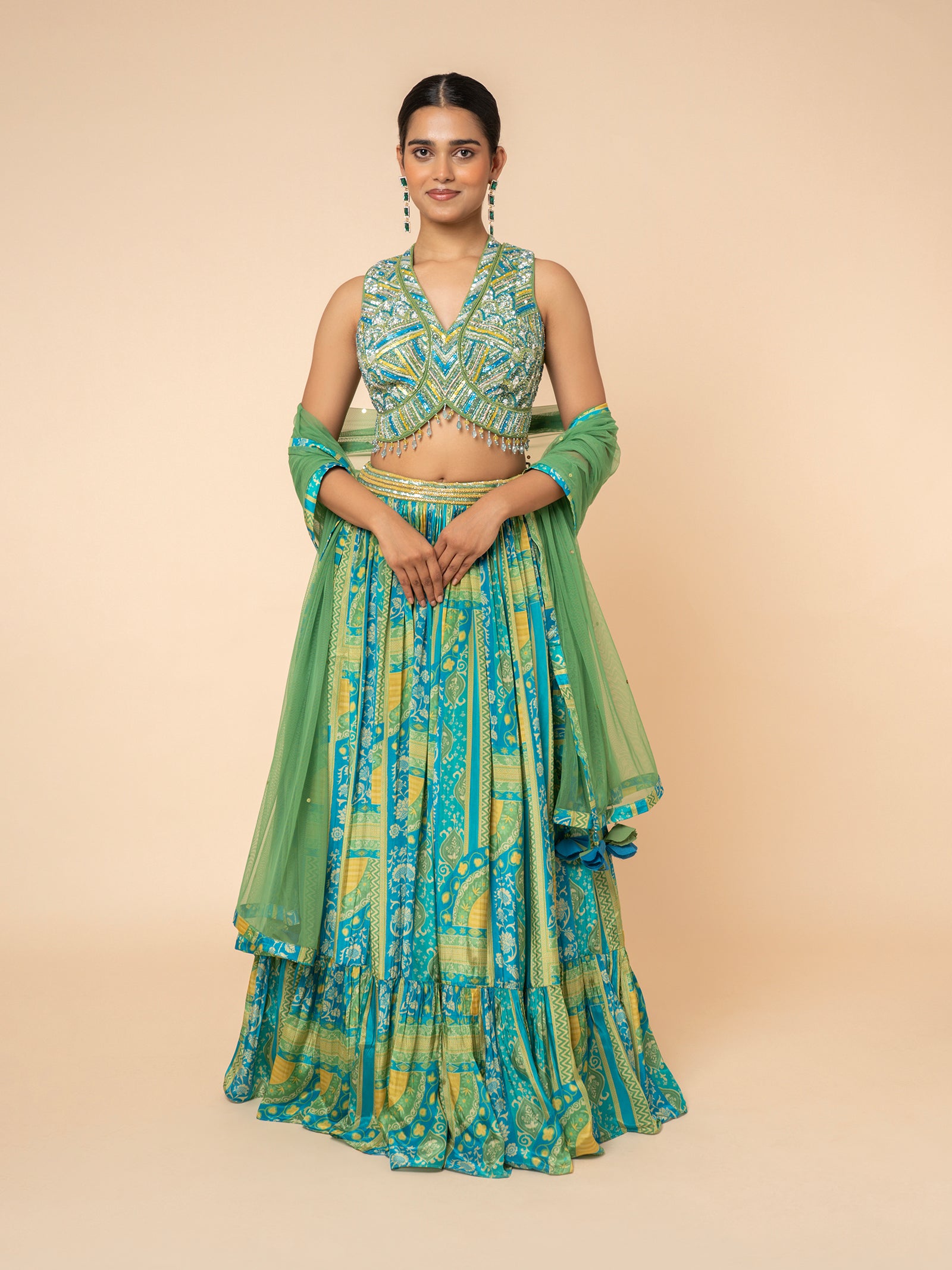 Green and Blue Printed Lehenga with Embellished V-Neck Blouse