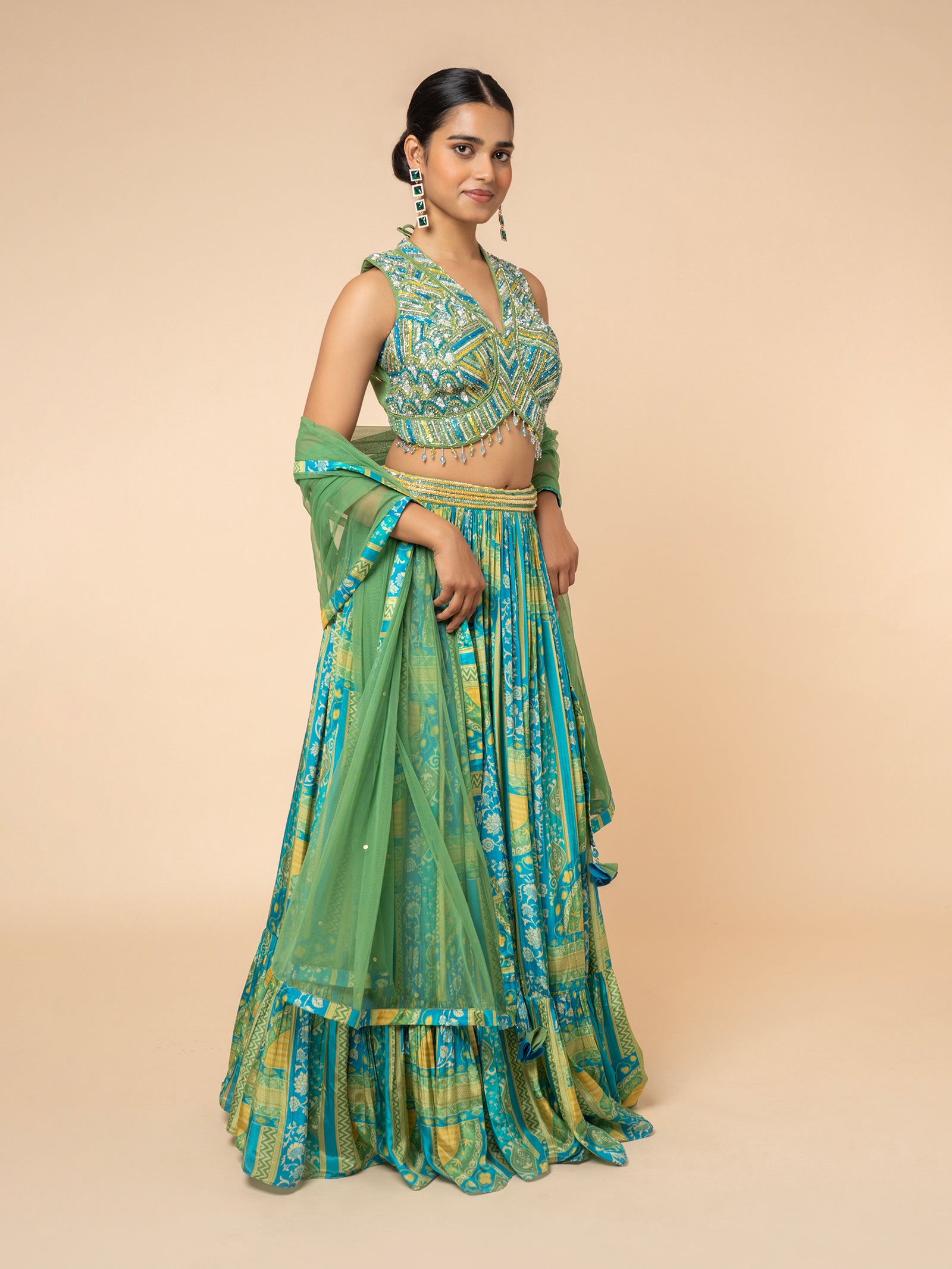 Green and Blue Printed Lehenga with Embellished V-Neck Blouse