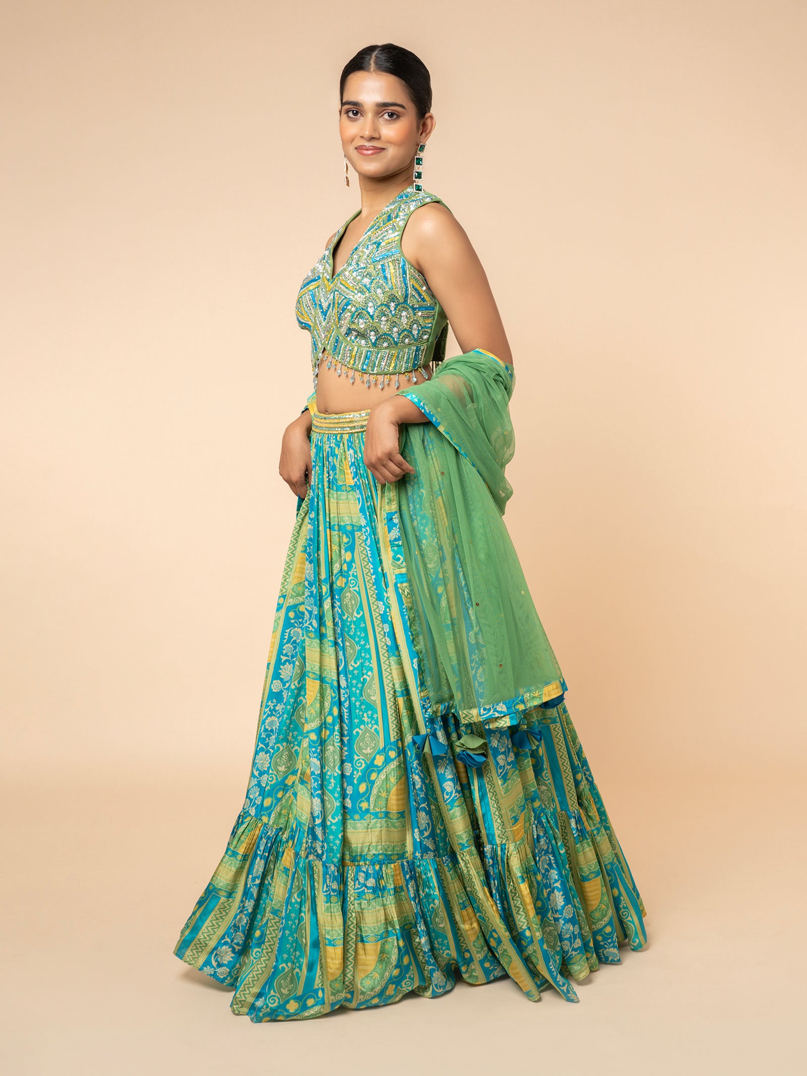 Green and Blue Printed Lehenga with Embellished V-Neck Blouse