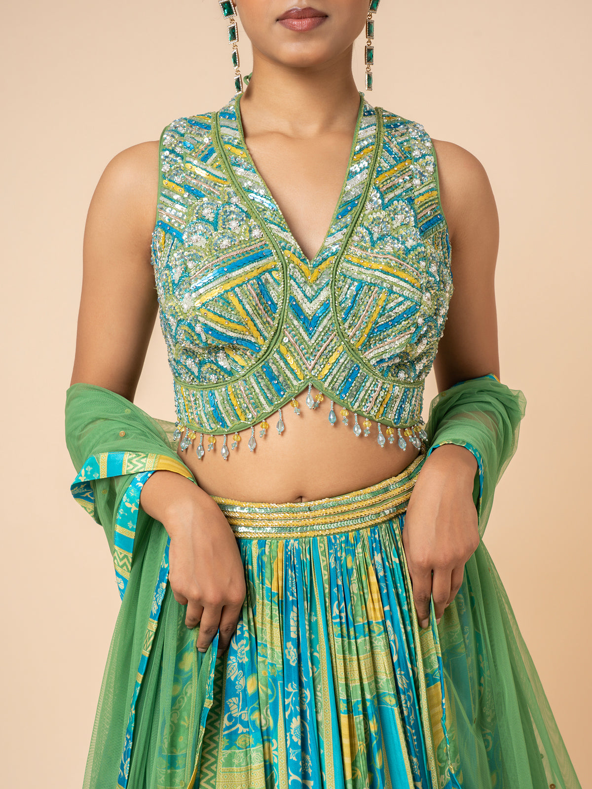 Green and Blue Printed Lehenga with Embellished V-Neck Blouse