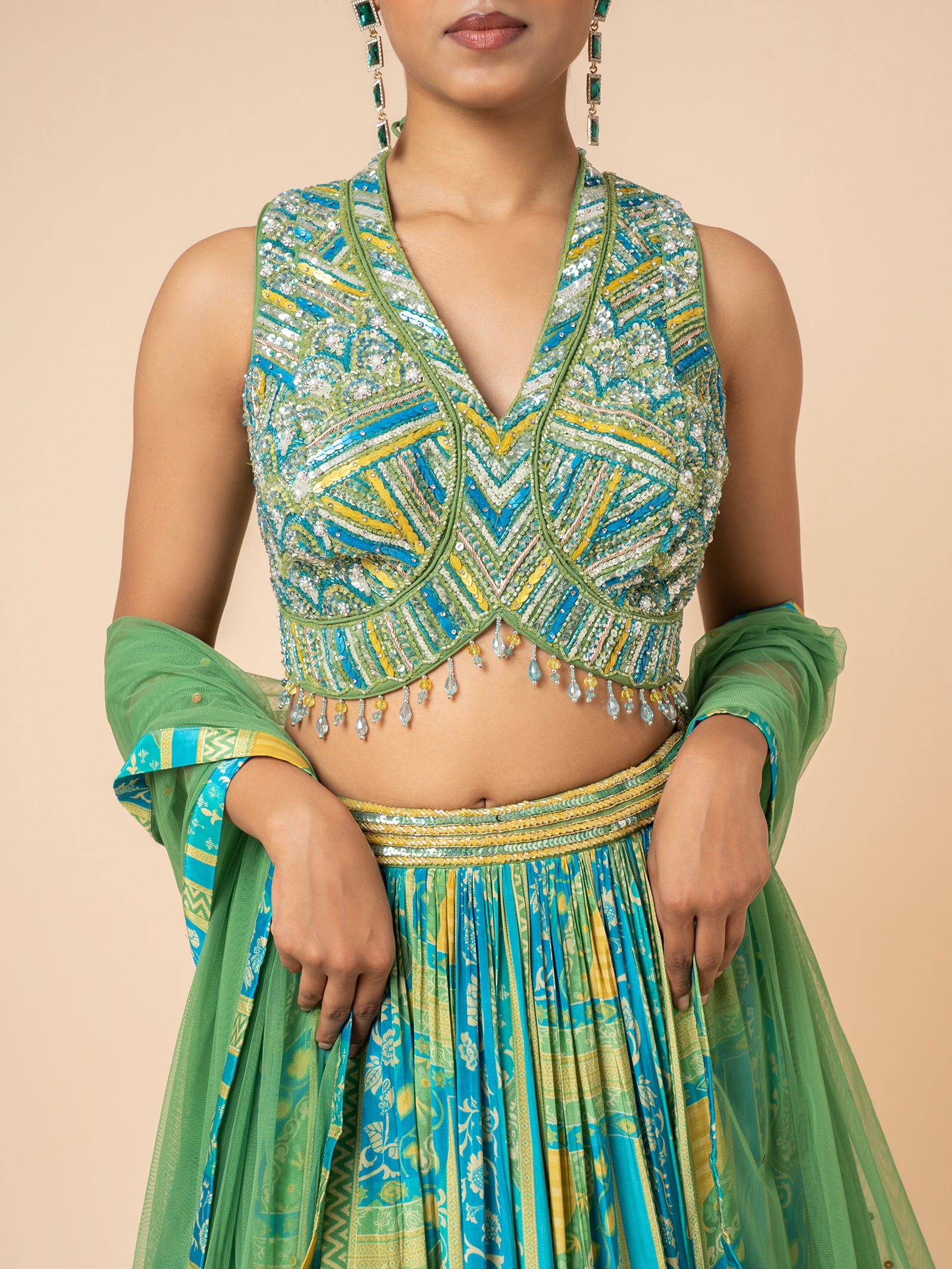 Green and Blue Printed Lehenga with Embellished V-Neck Blouse
