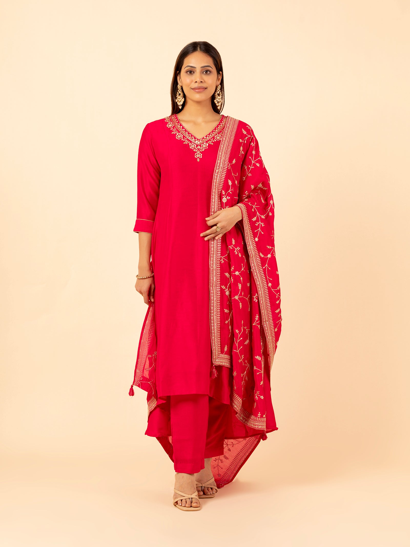 Crimson Vine Embroidered Silk Set