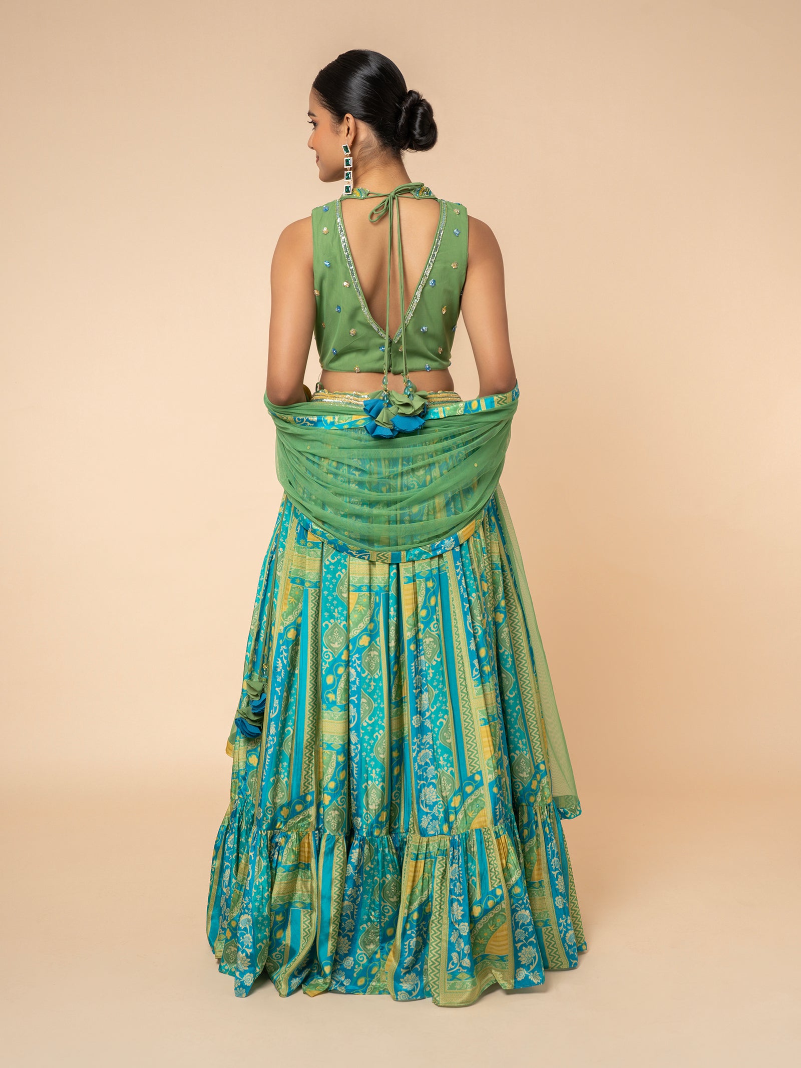 Green and Blue Printed Lehenga with Embellished V-Neck Blouse