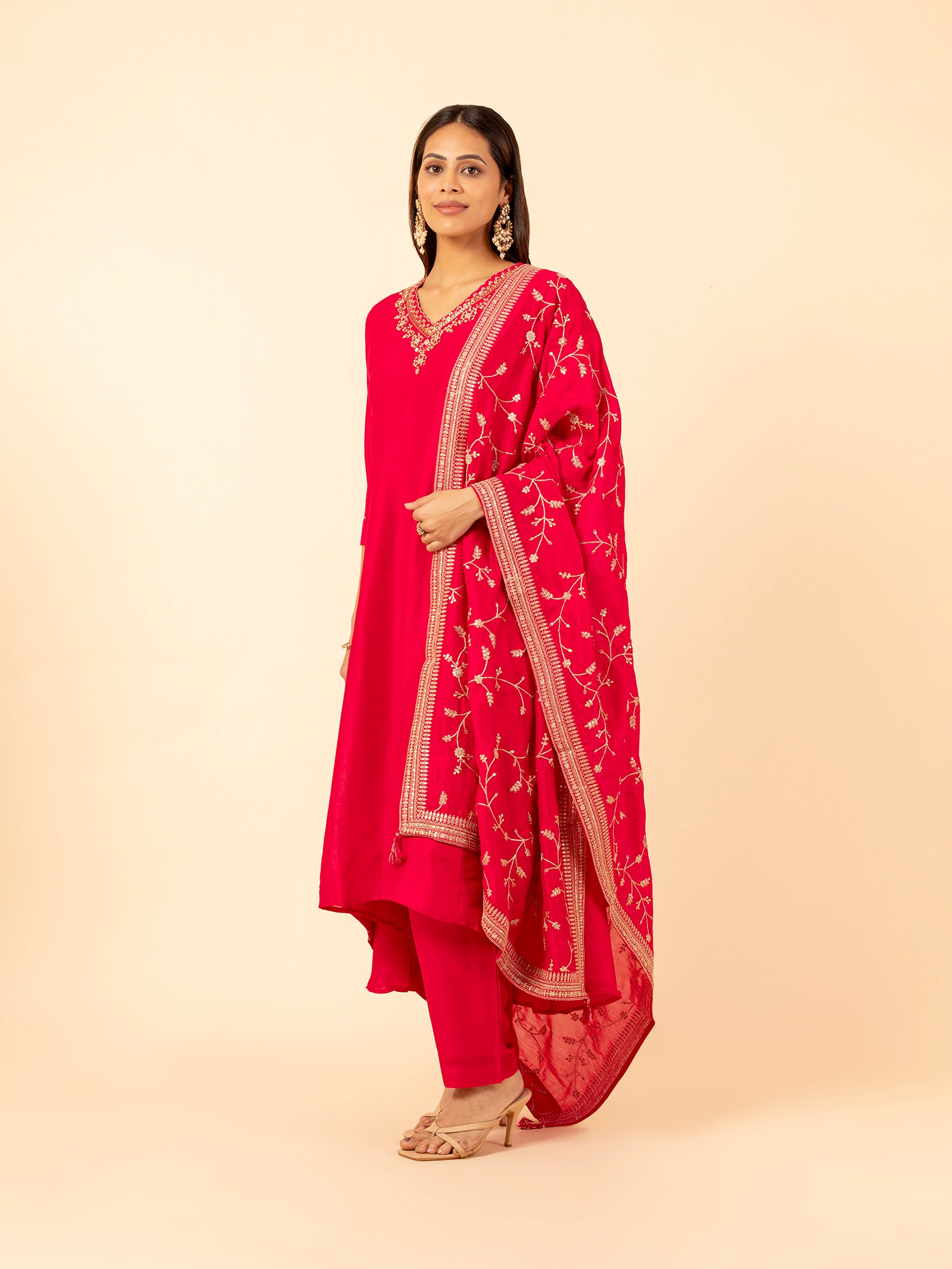 Crimson Vine Embroidered Silk Set