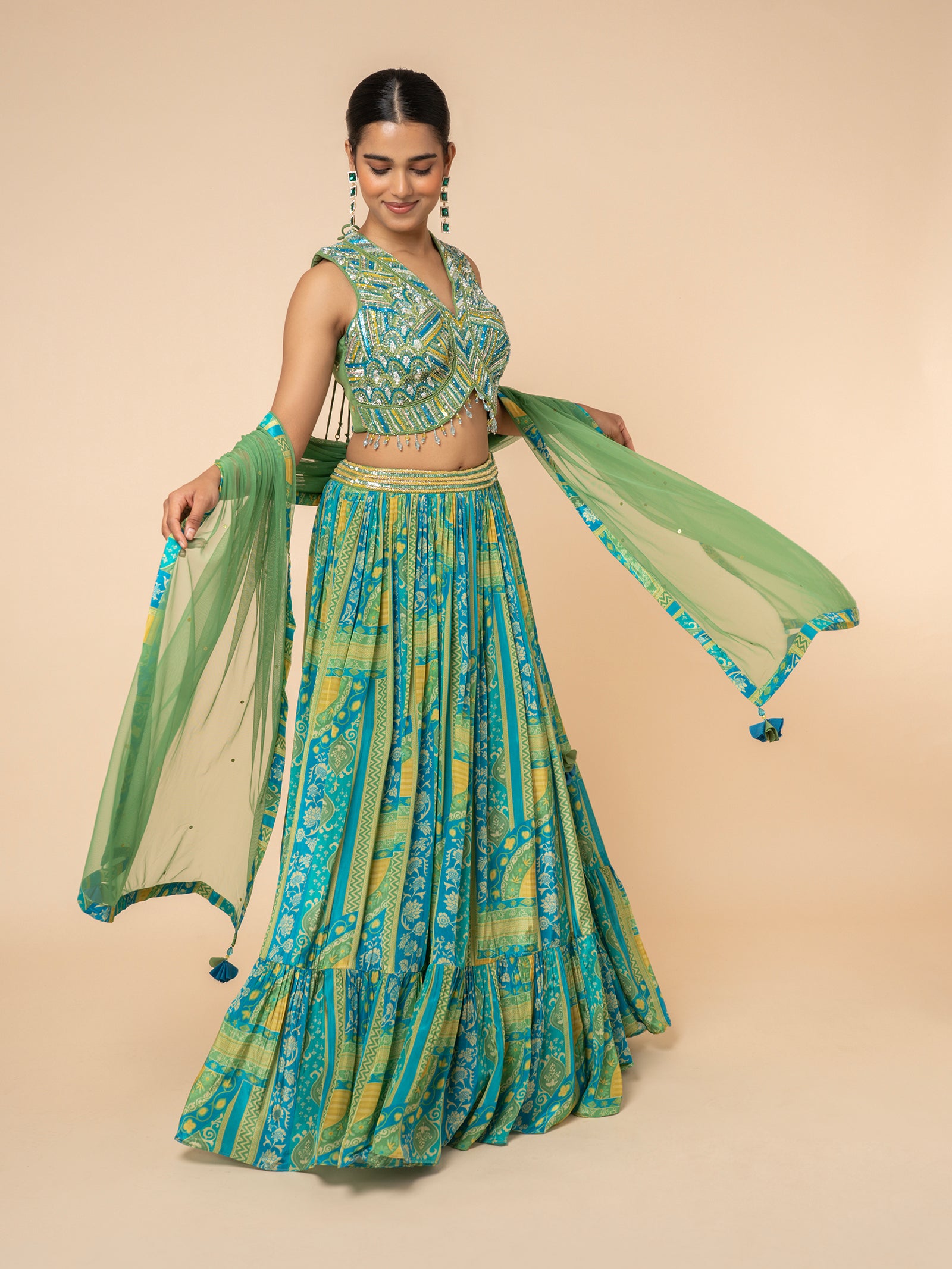 Green and Blue Printed Lehenga with Embellished V-Neck Blouse