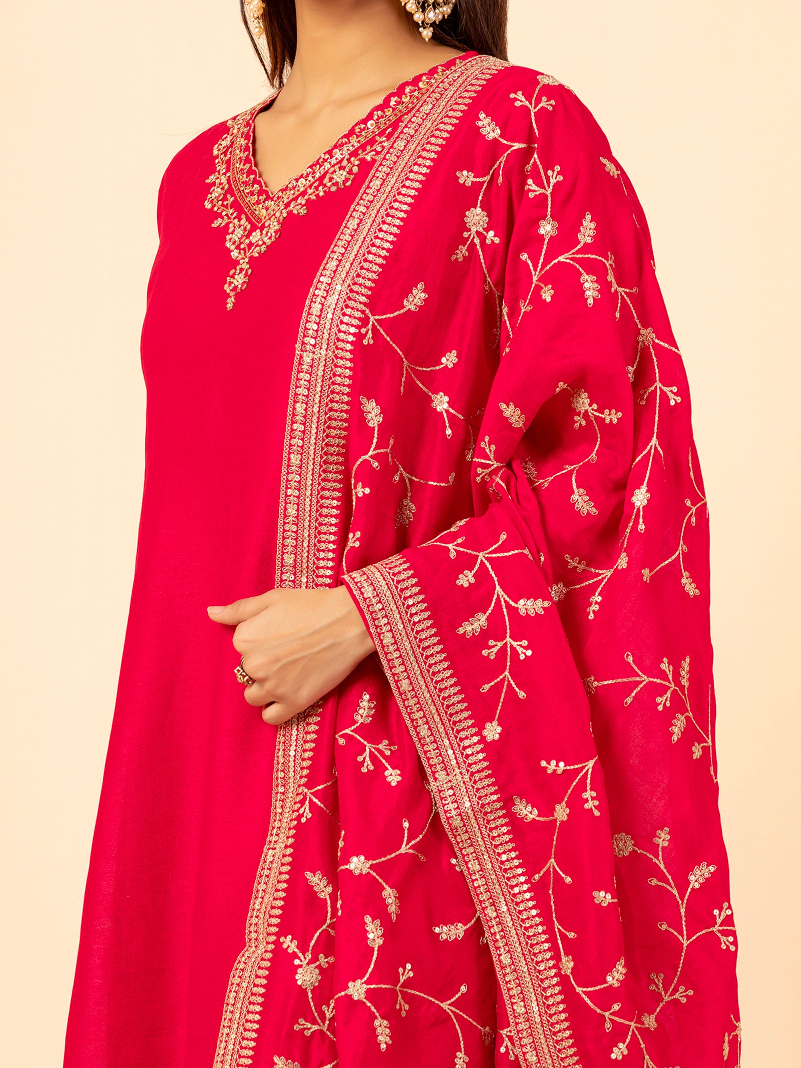 Crimson Vine Embroidered Silk Set